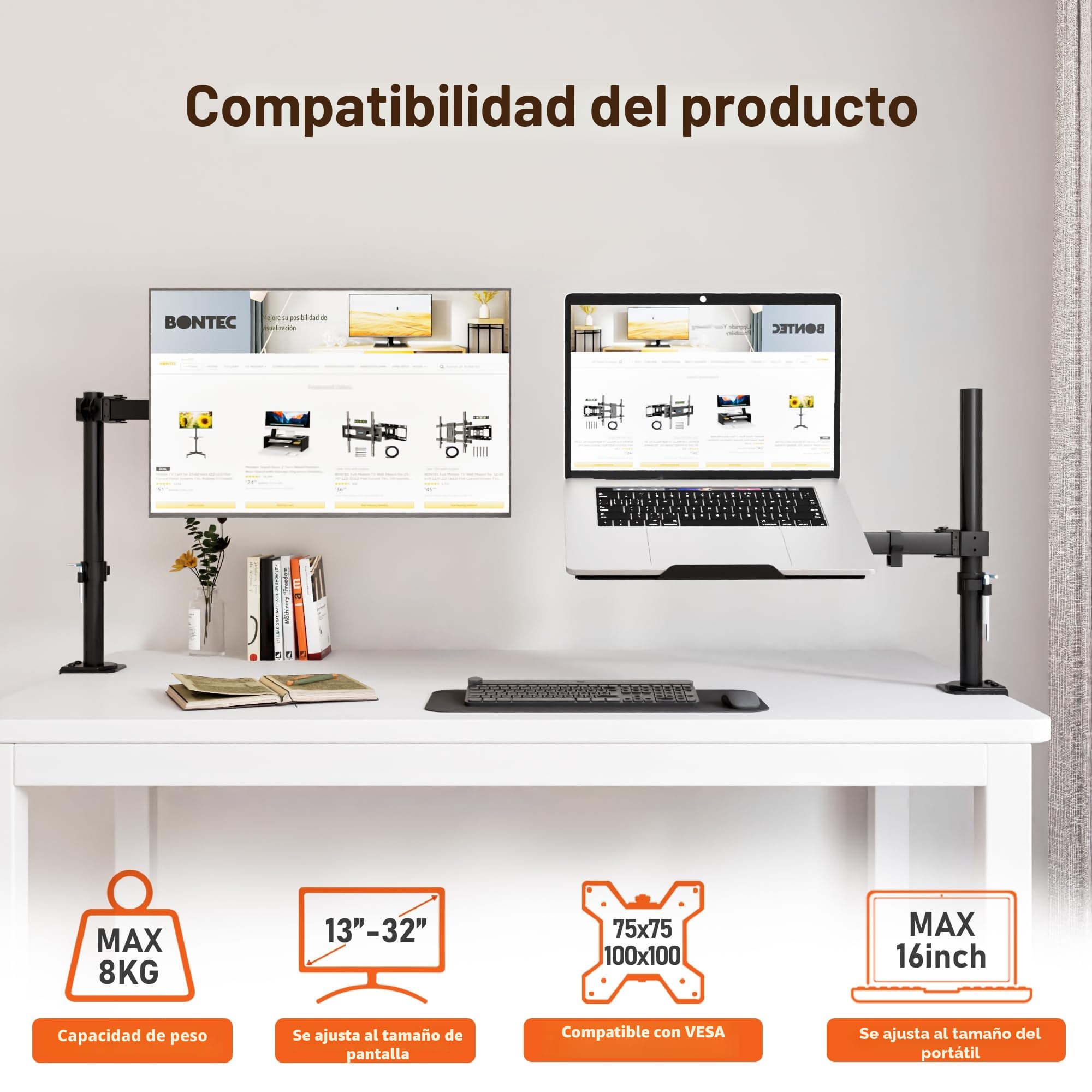 Redbat Soporte de Monitor y Bandeja Ventilad para Portátil de 16 Pulgadas y Pantallas LCD LED de 13 a 32 Pulgadas, hasta 8 kg, Brazo Monitor con Inclinación, Giro y Rotación