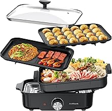 Hot Plate with Takoyaki, Rotisserie Plate with 3 Plates and Lid, Multi-functional, Temperature Adjustment, for 1 to 3 People, Rapid Boiling, 1200 W, Easy to Clean, PSE Certified, for 1 or 2 People, Family, Black