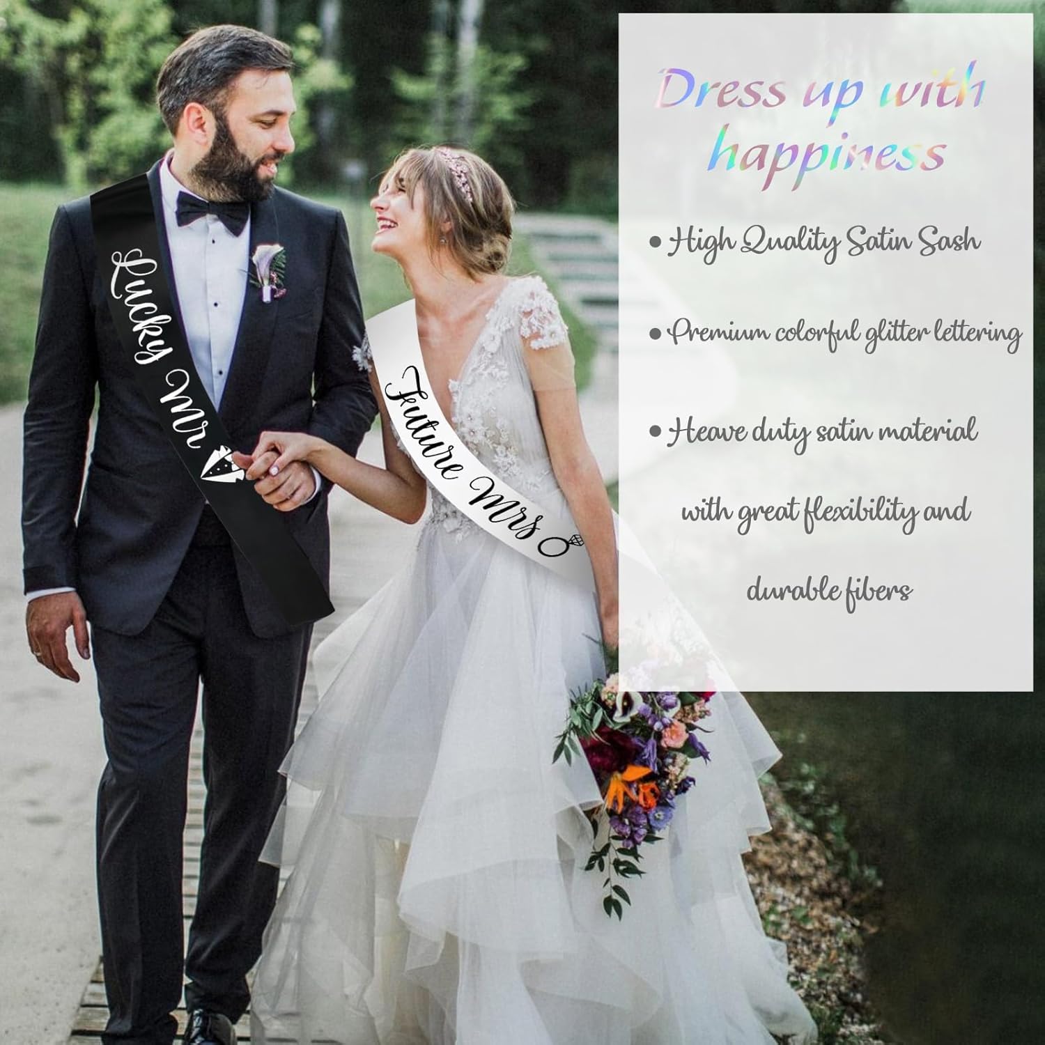 Future Mrs & Lucky Mr - Bride to Be Sash and Groom to Be Sash Kit, Funny Bachelorette & Bachelor Sashes for Wedding Bridal Shower Party Decorations Engagement Gifts (White and Black) - Image 3