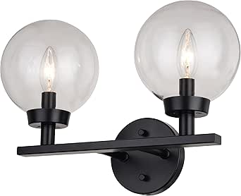 VAXCEL Lander 2-Light 15 inch Wide Matte Black Transitional Bathroom Vanity Lighting Fixture, Clear Glass Globe Shade, Dimmable, LED Compatible, Reversible Over The Mirror Mounted Steel Wall Sconce