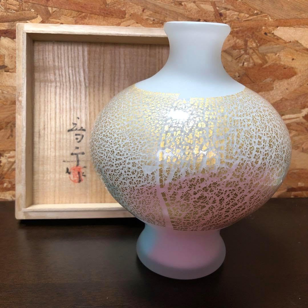 藤田喬平 手吹 金彩花瓶 共箱 花器 硝子 ガラス 文化功労者 文化勲章