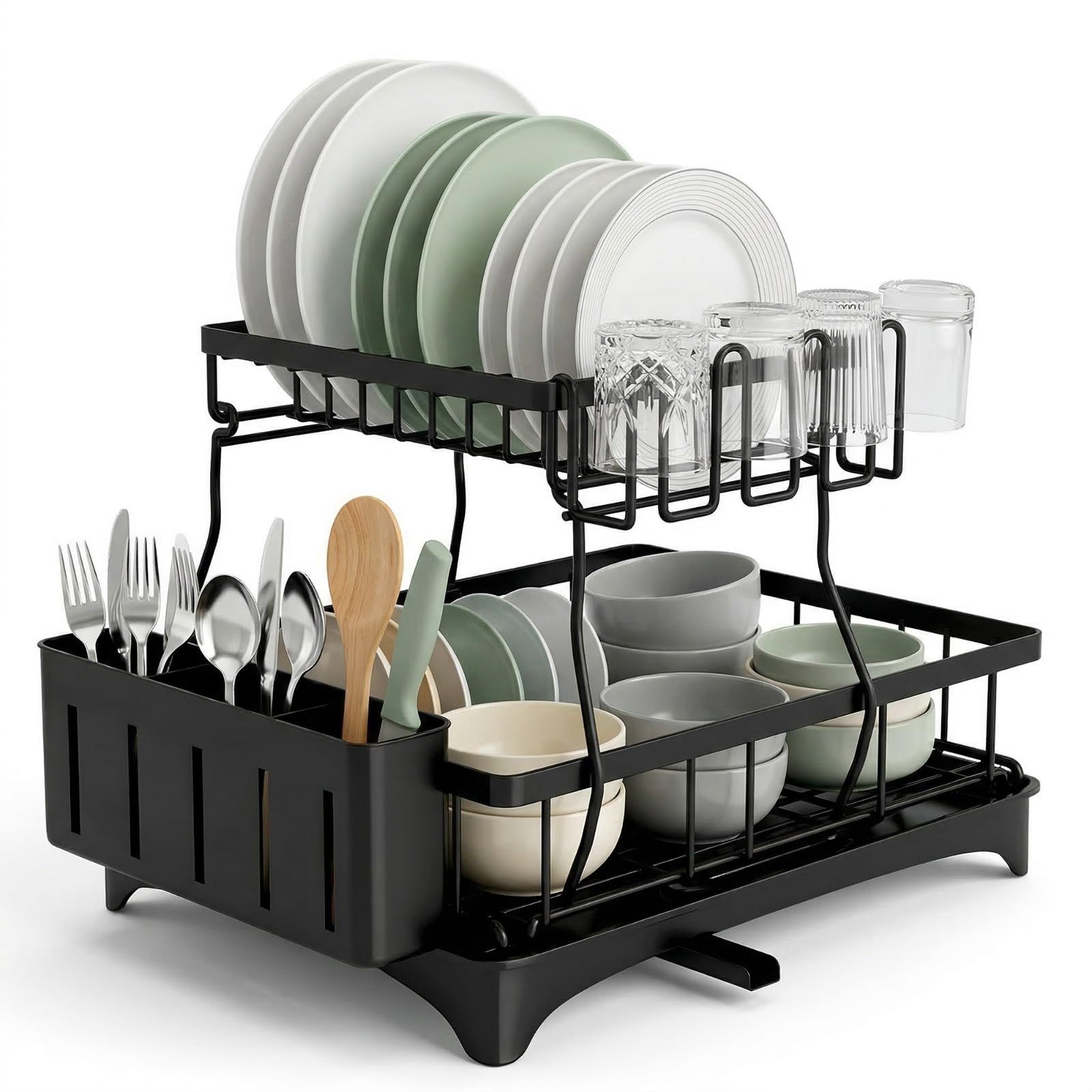 Raganet, Escurridor de Trastes Profesional 2 Niveles, Diseño de Acero Inoxidable Color Negro con Bandeja de Canaleta en 360°, Soporte de Vajilla, Vasos, Cubiertos y Accesorios de Cocina (42 x 33 cm)