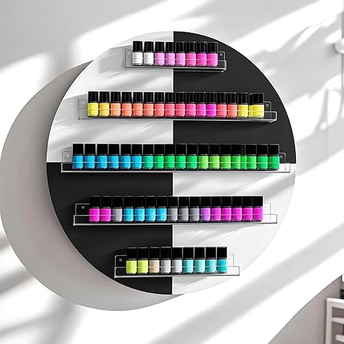 HolaiNail Wall Mount Nail Polish Organizer, Wood Nail Polish Rack w/Acrylic Barrier, 5-Tier Round Storage & Display Shelf, Perfume Essential Oil Bottles Holder, White & Black