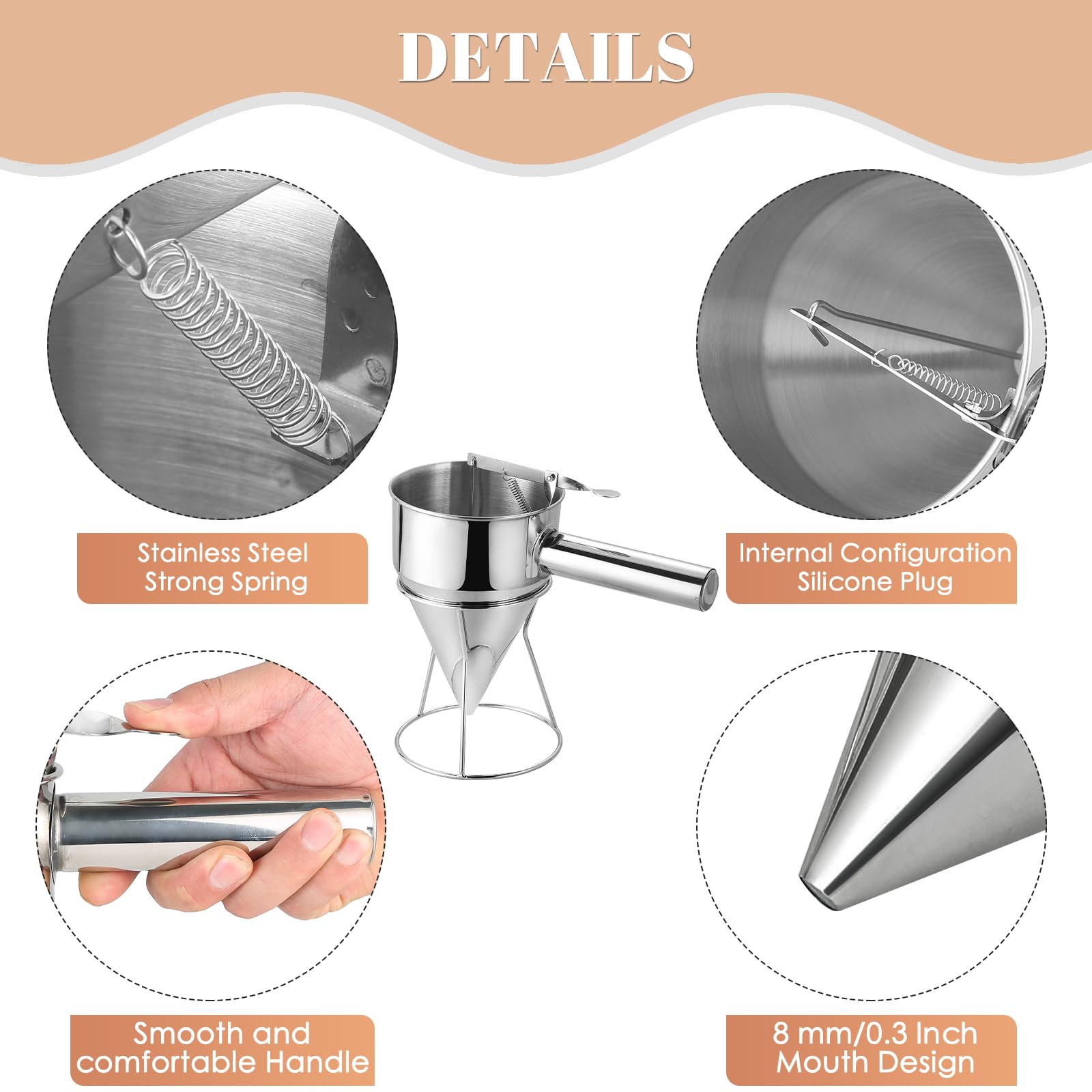 MAOPINER Dispensador de masa de panqueques de acero inoxidable de 1200 ml, dispensador de embudo de pistón, embudo comercial de confitería de chocolate con soporte para Takoyaki y hornear