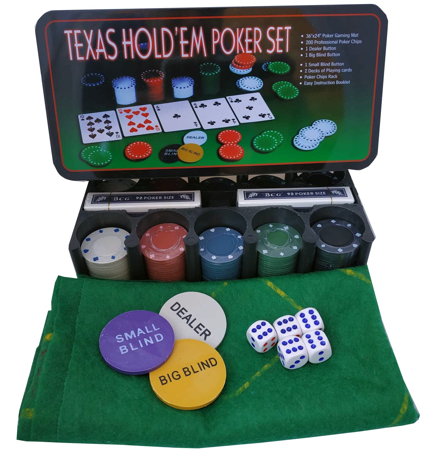 Rock and Baby Juego de Póker/Blackjack en Caja de Metal - 2 Barajas, 200 Fichas, Dados, Ficha Dealer, Ciega Pequeña, Ciega Grande, Tapete de Juego