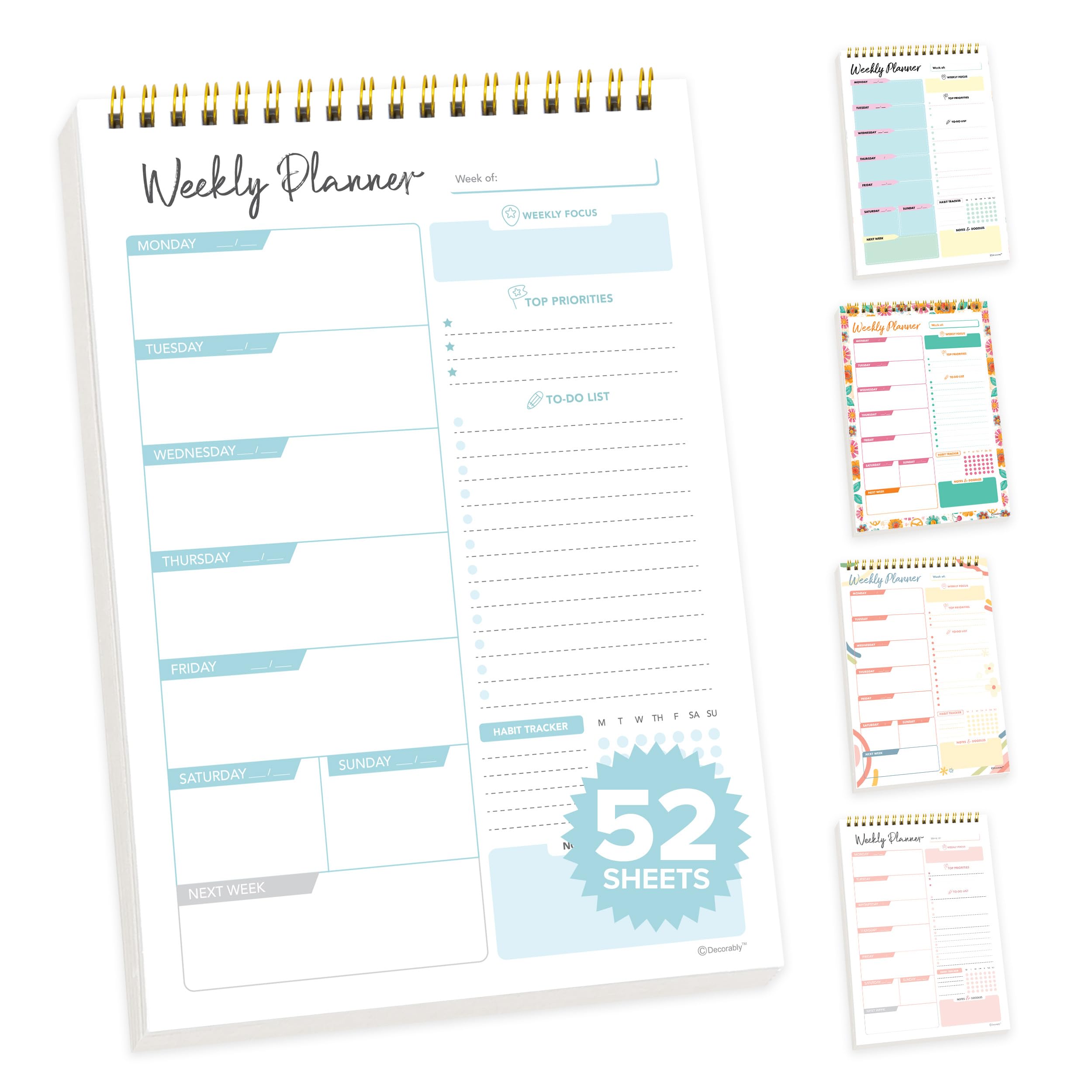 Decorably 52 Sheets Blue Undated Weekly Planner Notepad Small, 6.5x10in Spring-Bound Weekly Schedule Notepad for Focus, Priorities, To-Do List, Habit Tracker, Notes and Doodles