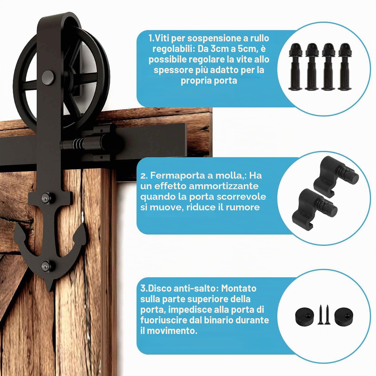 6FT/182cm Acciaio Binario Rulli per Porta Scorrevole Ruota grande raggio Kit Accessori per Una Porta Scorrevoli di Legno, Nero