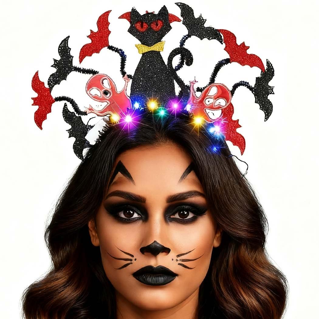 Zoestar Light Up Halloween Headband LED Black Cat Headbands Bat Ghost Hair Hoop Festival Costume Hair Accessories for Women