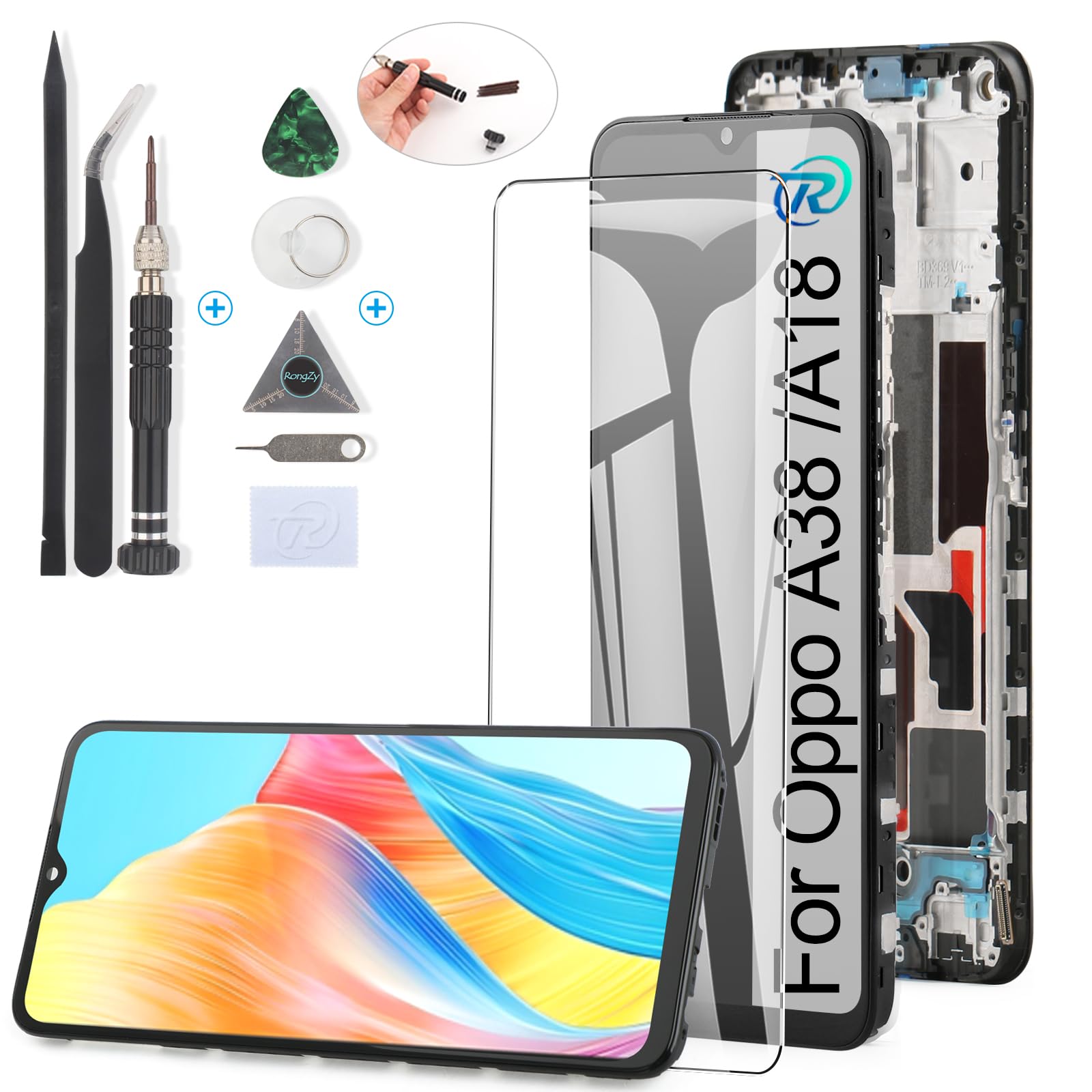 RongZy Pantalla para OPPO A38 CPH2579 Táctil LCD de Repuesto Ensamblaje Digitalizador Reemplazo para OPPO A18 CPH2591 con Herramientas de Reparación (Negro con Marco)