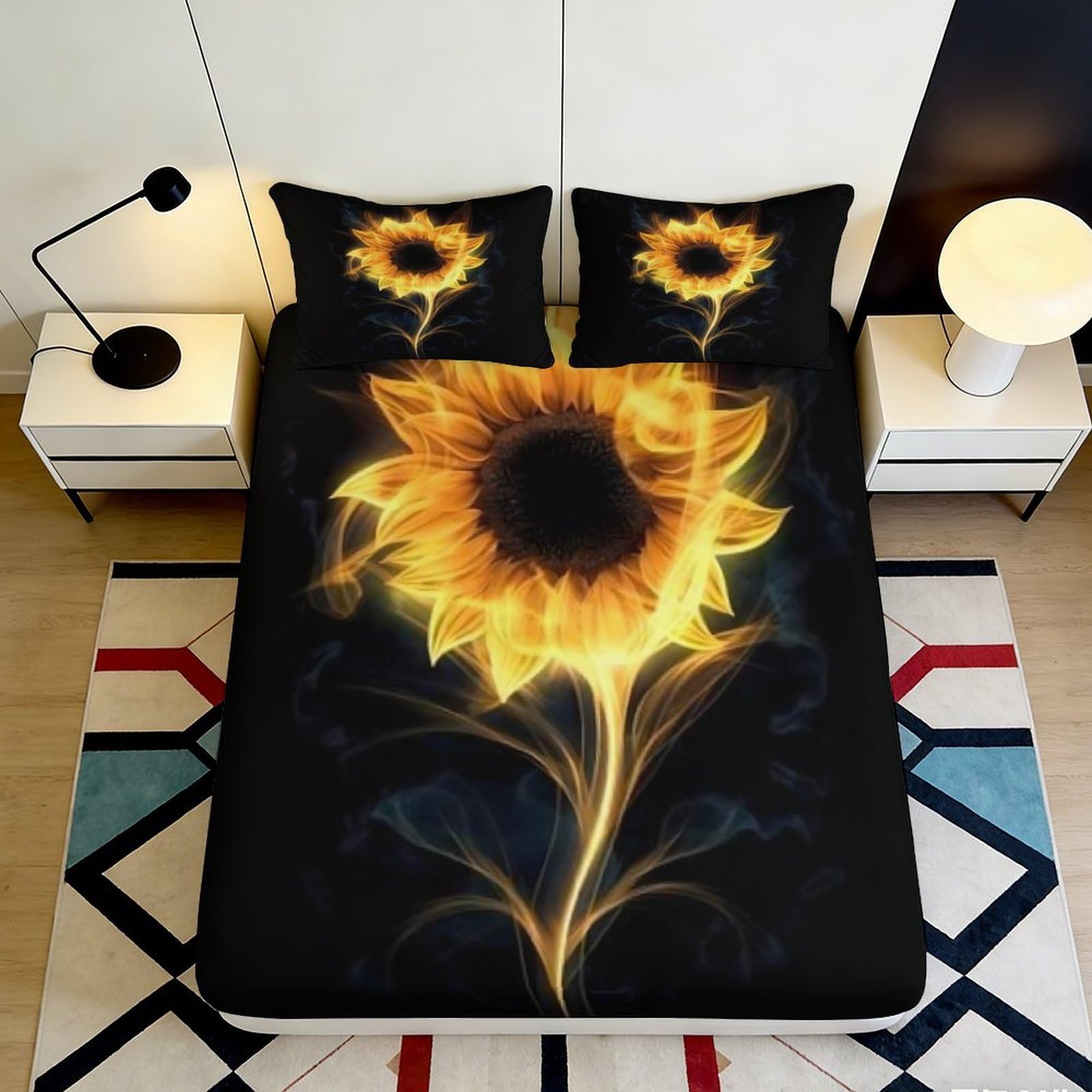 3D Printed Sunflower Microfiber Deep Pocket Fitted Sheet Bedroom Non-Slip Full Wrap Sunflower Mattress Fitted Cover Washable 160x200x25cm