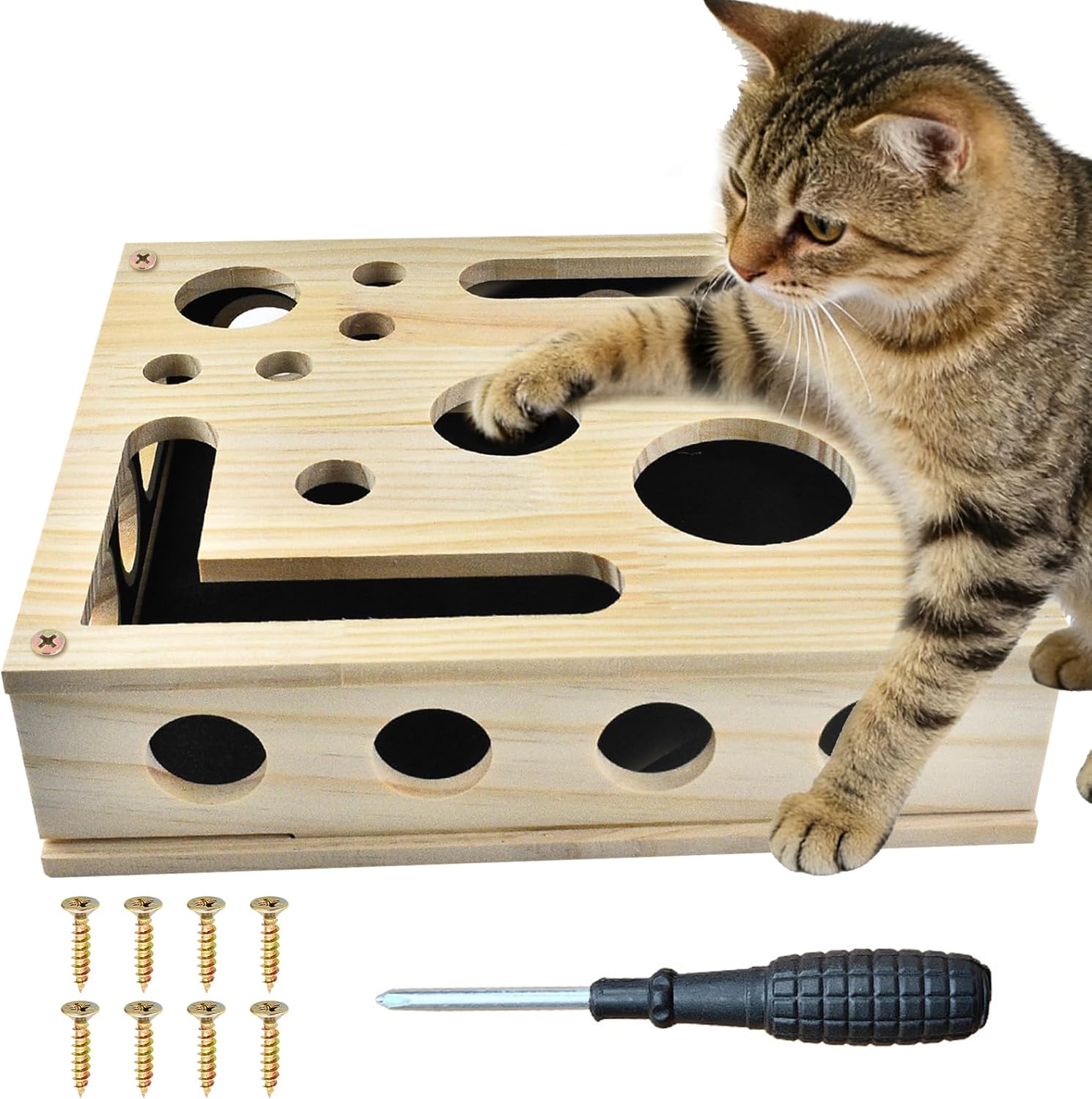 LUMIXA Reinforced Cat Nail File Scratcher Box with 8 Screws, Wooden Enrichment Puzzle Toy for Indoor Cats, Inside Sandpaper Claw Care & Furniture Protection (Assembly Guide Included)