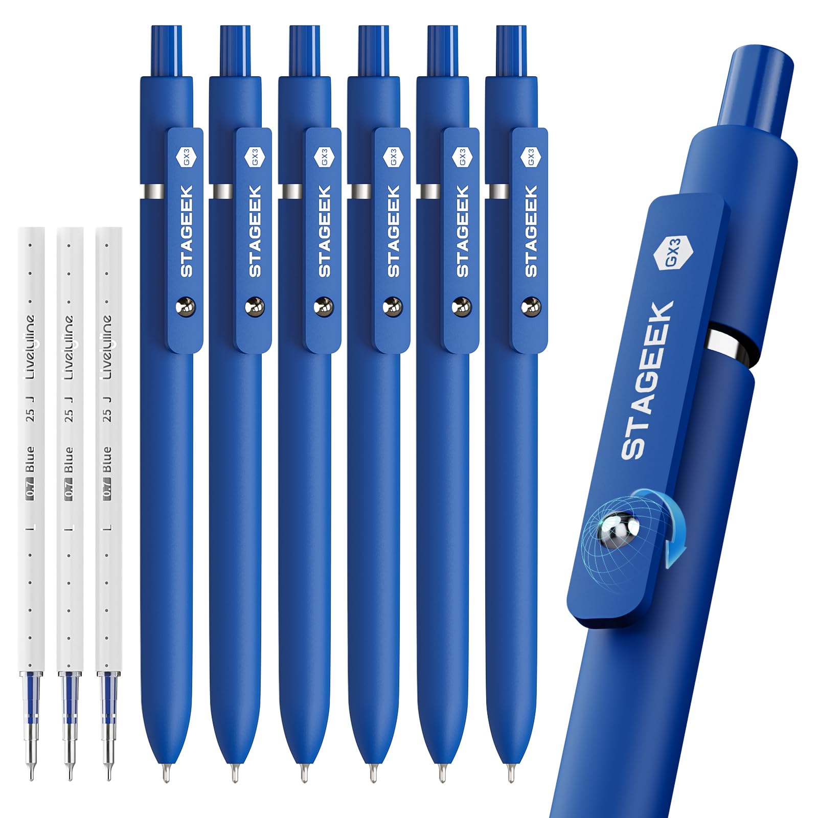 Blue Gel Pens 6Pcs Quick Dry Blue Ink Pens with 3 Extra Refills Fine Point Retractable Smooth Writing