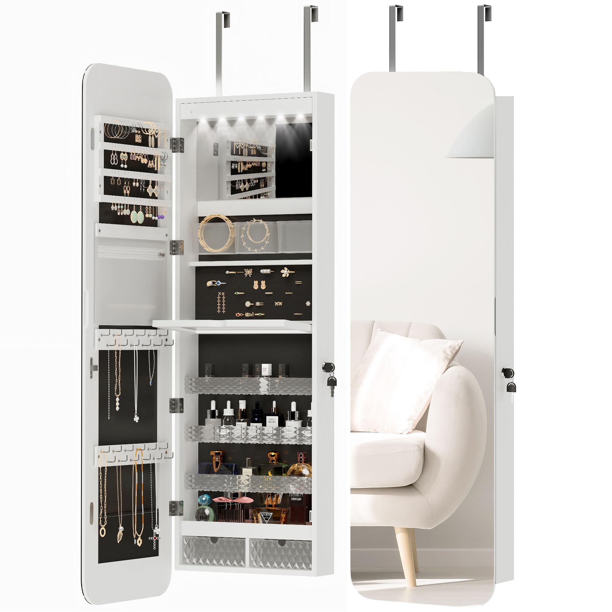 HOMCOM Armadietto Portagioie con Specchio Interno e Luci LED Alto 120cm
