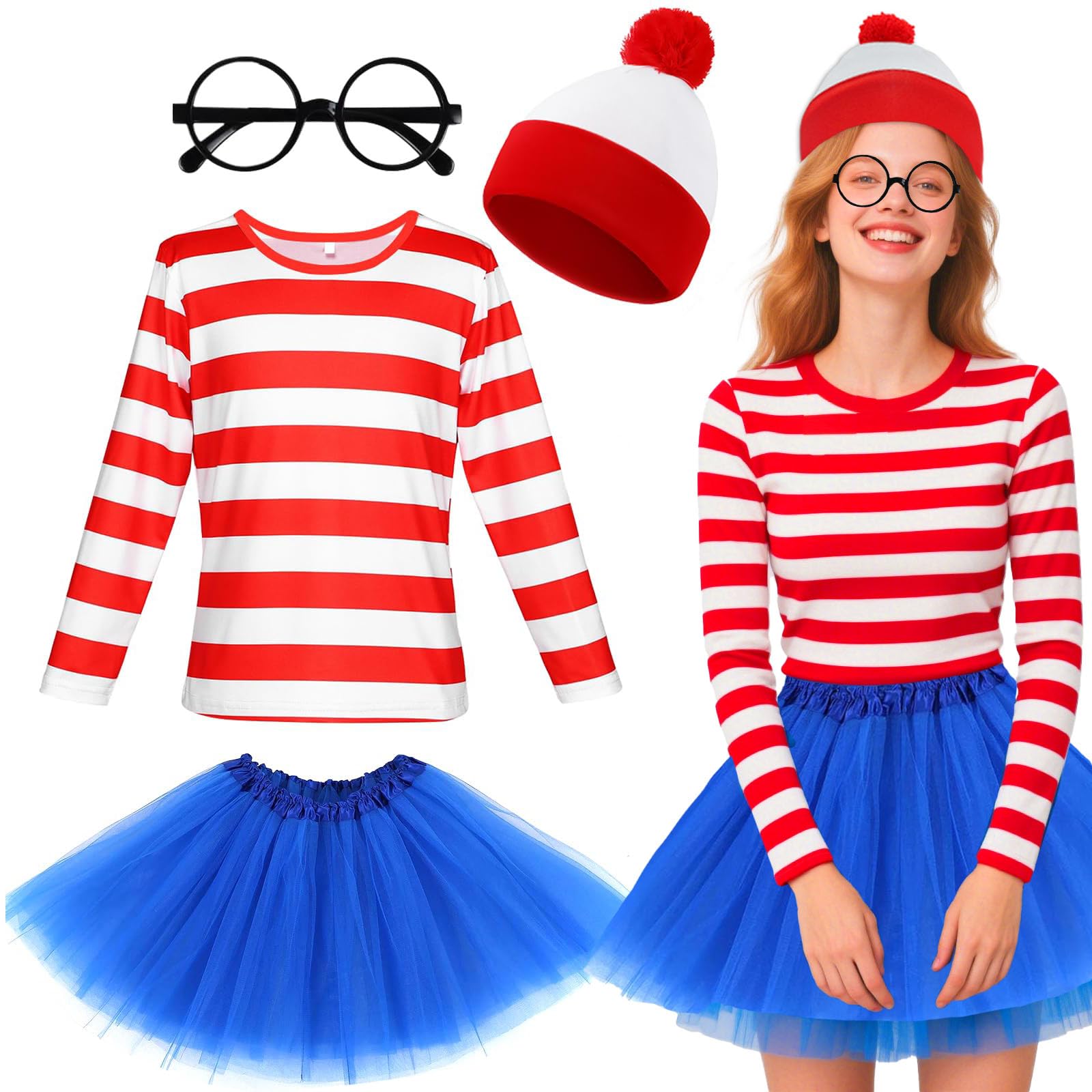 Glirop 4Pcs Women's Wally Costume Set, Fancy Dress Costume Outfit with Red & White Striped Top Blue Tutu Skirt Hat Glasses for World Book Day Halloween Cosplay Theme Party Halloween Christmas