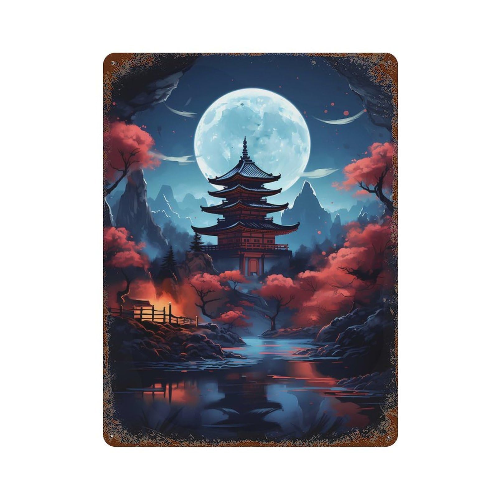 Pagoda with Moon Light 15.7"x11.8" Rustic Tin Plaque, Farmhouse Wall Decor for Basement, Hobby Room And Garage Decor