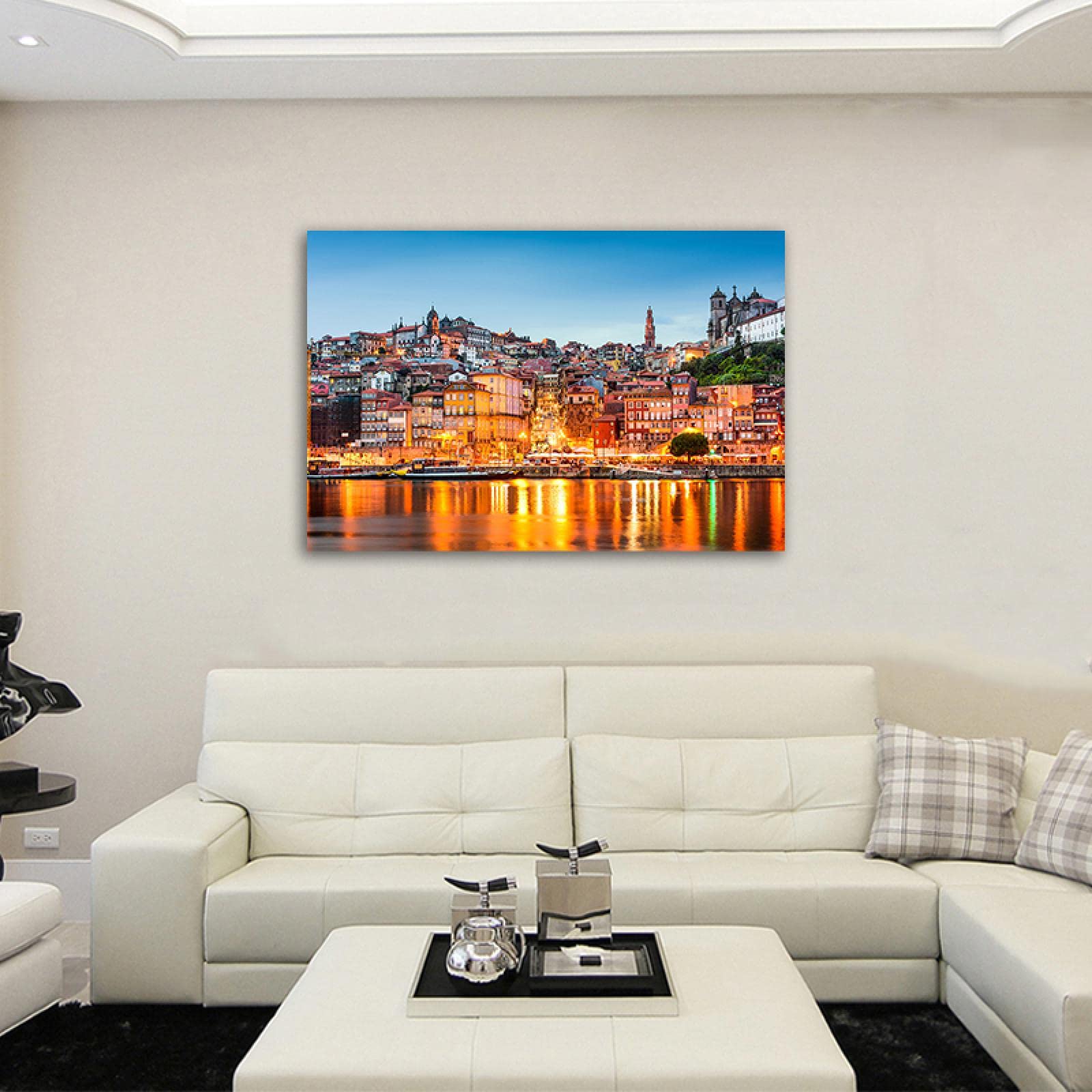 Panorama Gemälde Druck auf Leinwand,Gebäude am Meer Nachtansicht,Stadtbild Leinwanddruck,Moderne Poster und Drucke,Leinwandbild Landschaftsbild für Büro Dekoration 50x75cm(20x30in) Rahmenlos