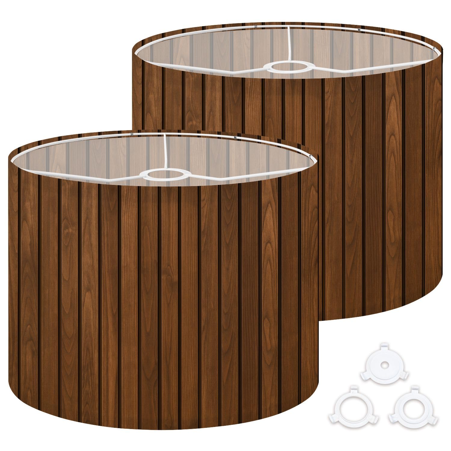 Fabric Drum Lamp Shade Vertical Wooden Panel Realistic Dark Brown Wood Vintage Funky Medium Linen Decorative Lampshades 13inch Set of 2 for Table Lamps, Floor Lamps,Hanging Lamp