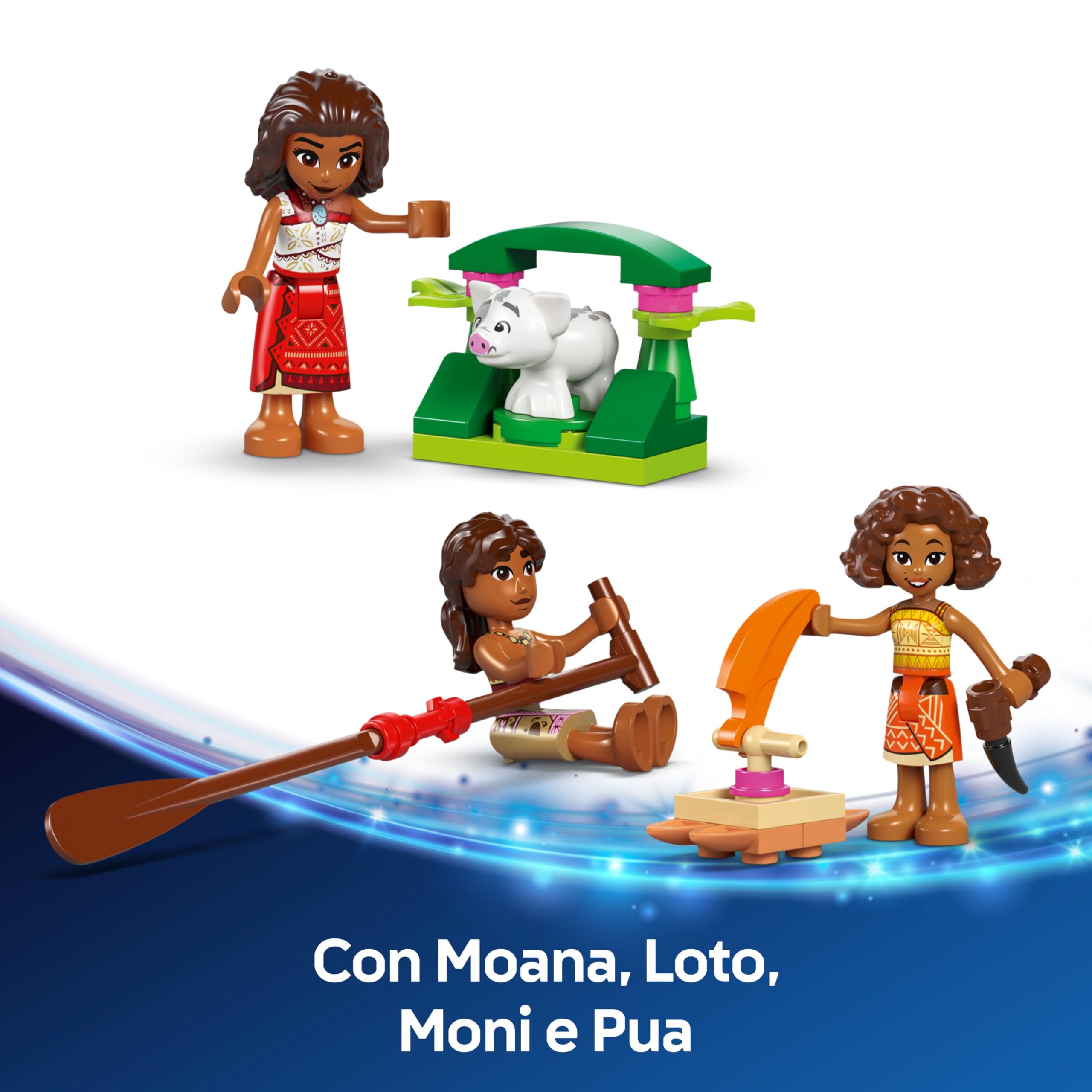 LEGO ǀ Disney Oceania 2 La Canoa di Vaiana - Barca Giocattolo da Costruire con Vela in Tessuto, Ponte Rimovibile, Falò e 3 Mini Bamboline tra cui Loto e Moni, Regalo per Bambine da 6 Anni - 43270