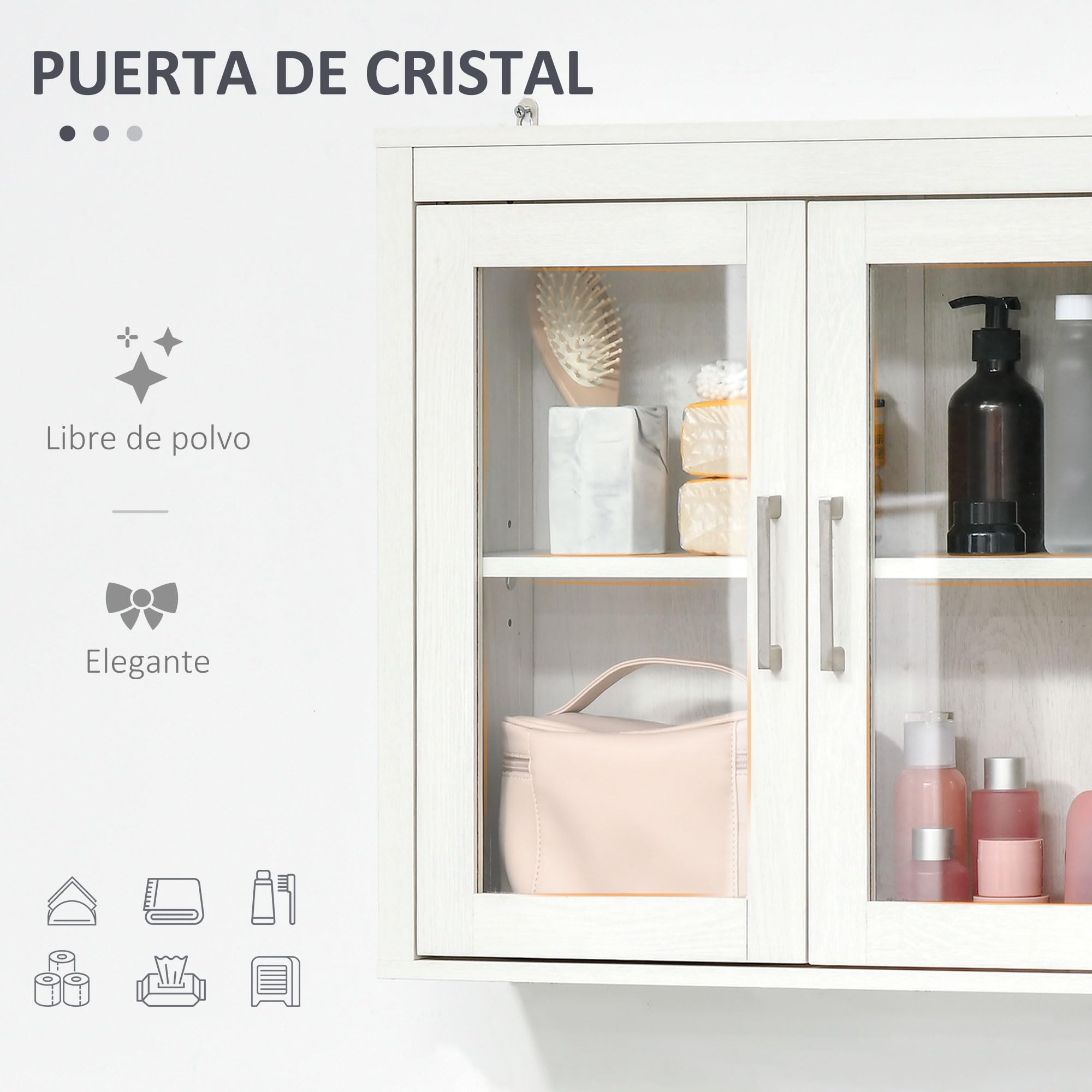 kleankin Armario de Baño de Pared 2 Puertas Moderno 60x19,5x54 cm Blanco | de Vidrio, Estante Ajustable, Mueble Colgante de Baño, para Cocina Dormitorio Aseo