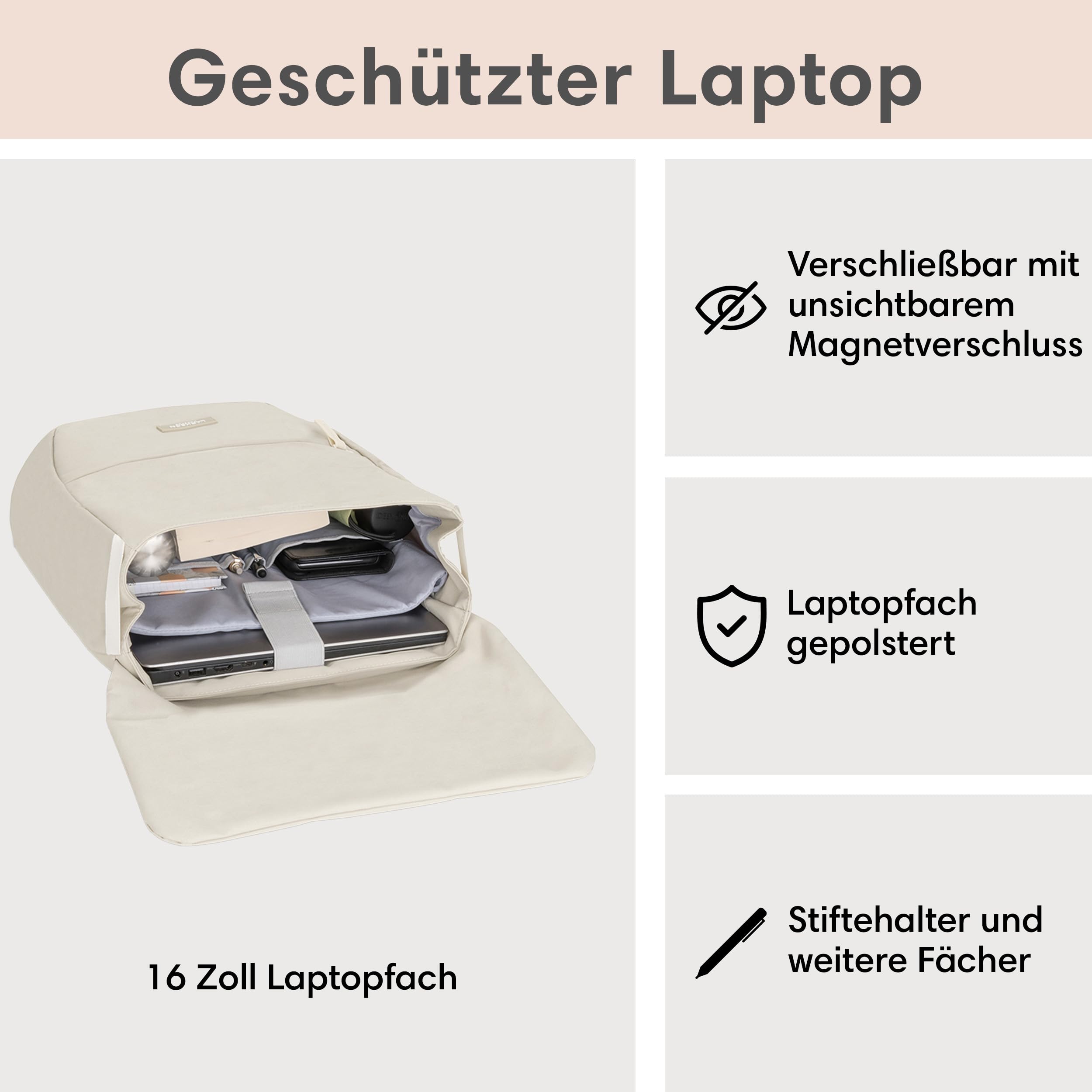 LARKSON Rucksack Damen Klein Beige - Ronja - Moderner Tagesrucksack mit Laptopfach für Uni Business City - 10L - Nachhaltig - Wasserabweisend