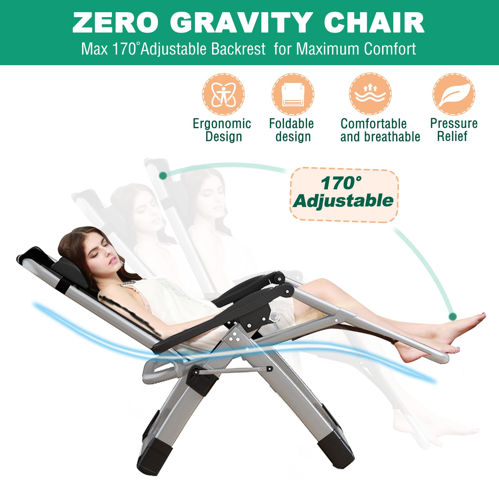 SUNYRISY Sonnenliege Liegestuhl Klappbar, 200KG Belastbar Zero Gravity Chair mit Kissen Unterstützung Getränkehalter, Extra Breit Verstellbare Gartenliege für Patio Garten Strand Pool