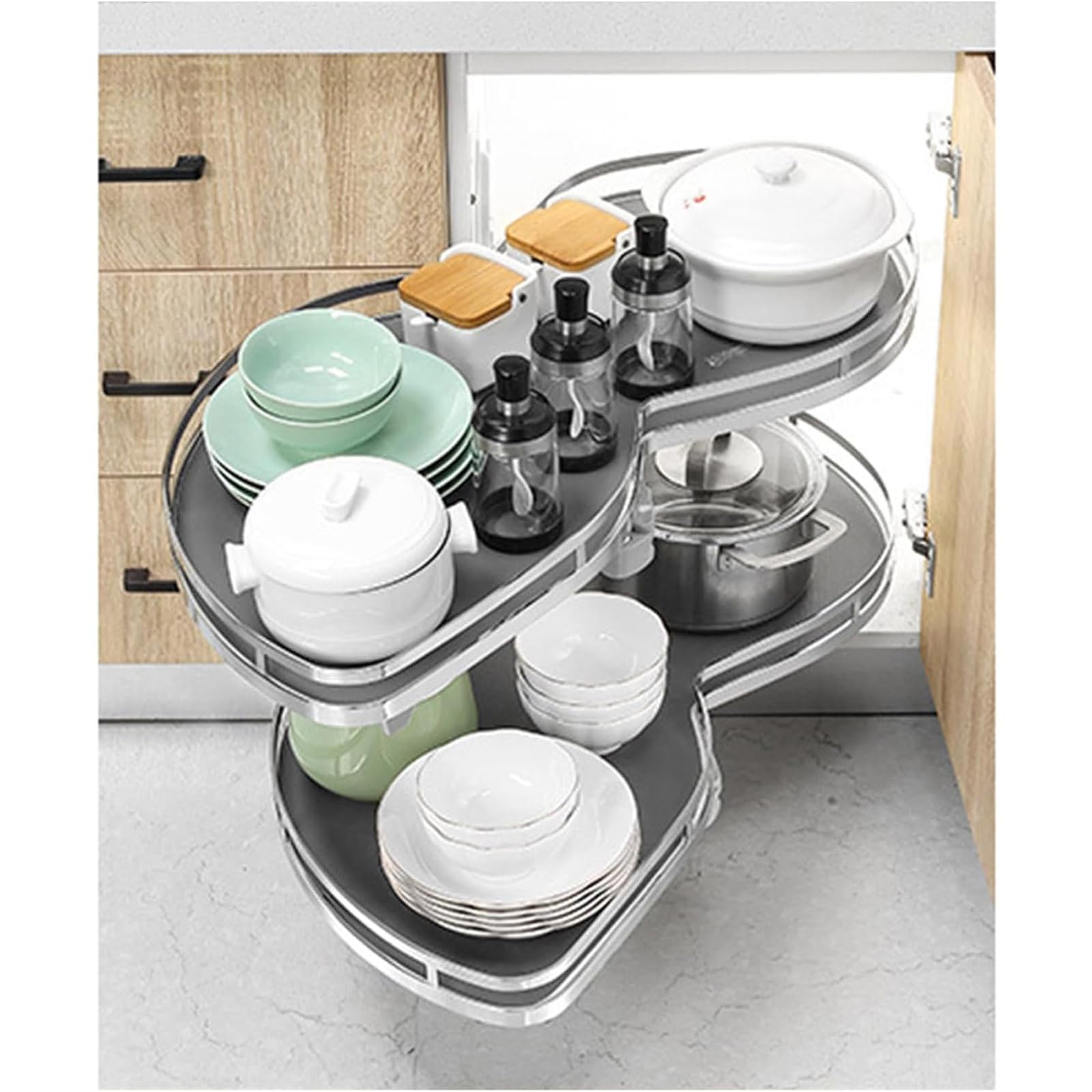 IUokLU Kitchen Cabinet Blind Corner Pullout Shelves Carousel Storage Rack 2 Tiers Swing Tray Pull Out Organizer Height Adjustable Rotating Corner Shelf