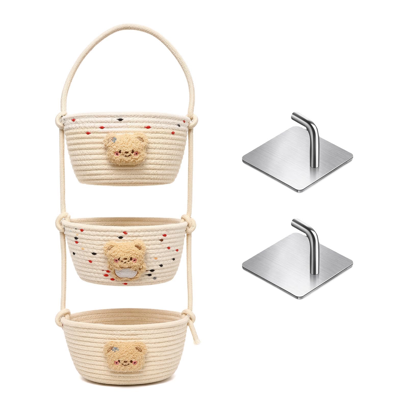 Yulondar Over Door Storage Basket, 3-Tier Woven Cotton Hanging Organiser
