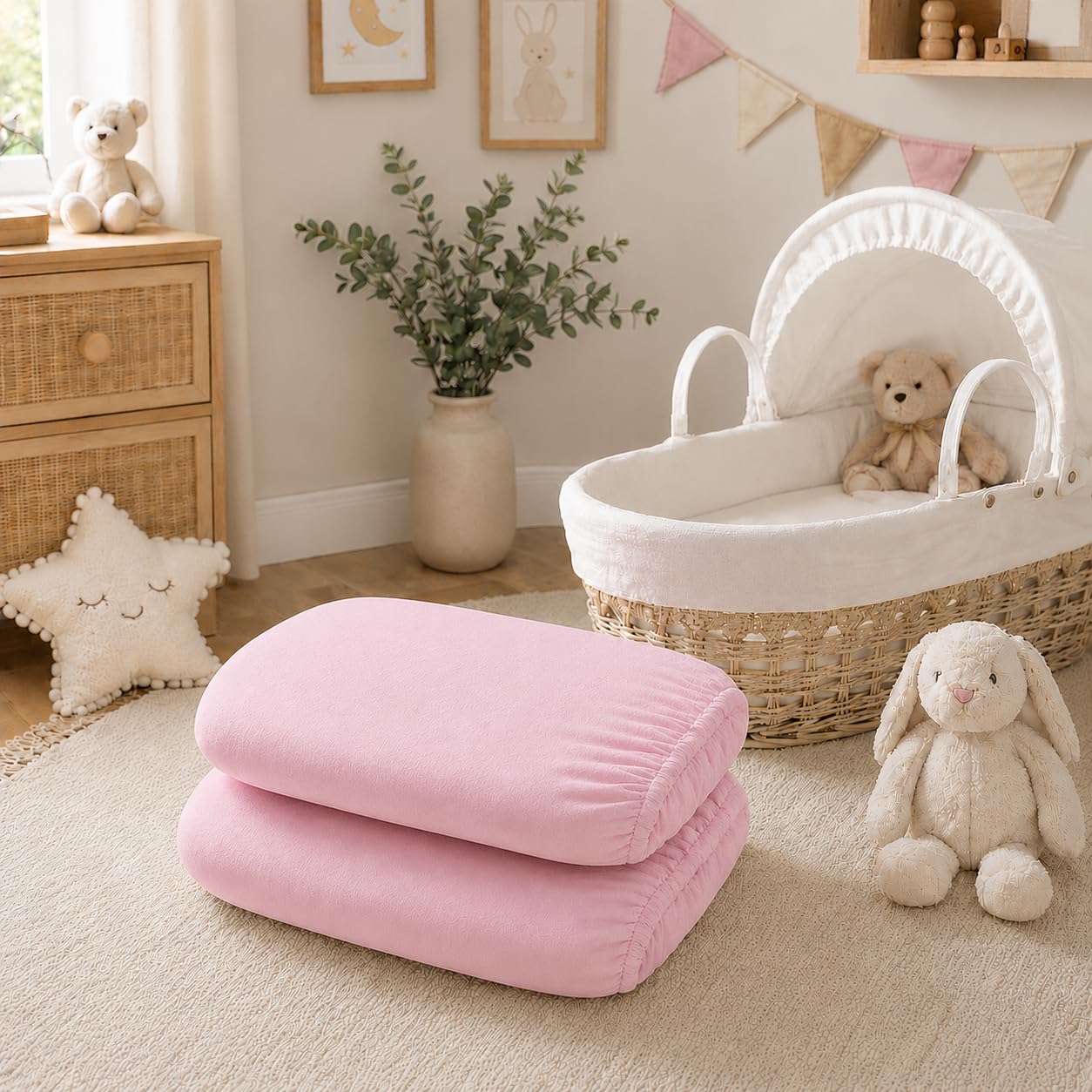 BABYMAM 2 Pack Jersey Fitted Sheets 75 x 30 cm for Moses Basket, Carrycot, Pram & Bassinet, 100% Cotton, Soft Stretchy Breathable Baby Mattress Covers (Pink)