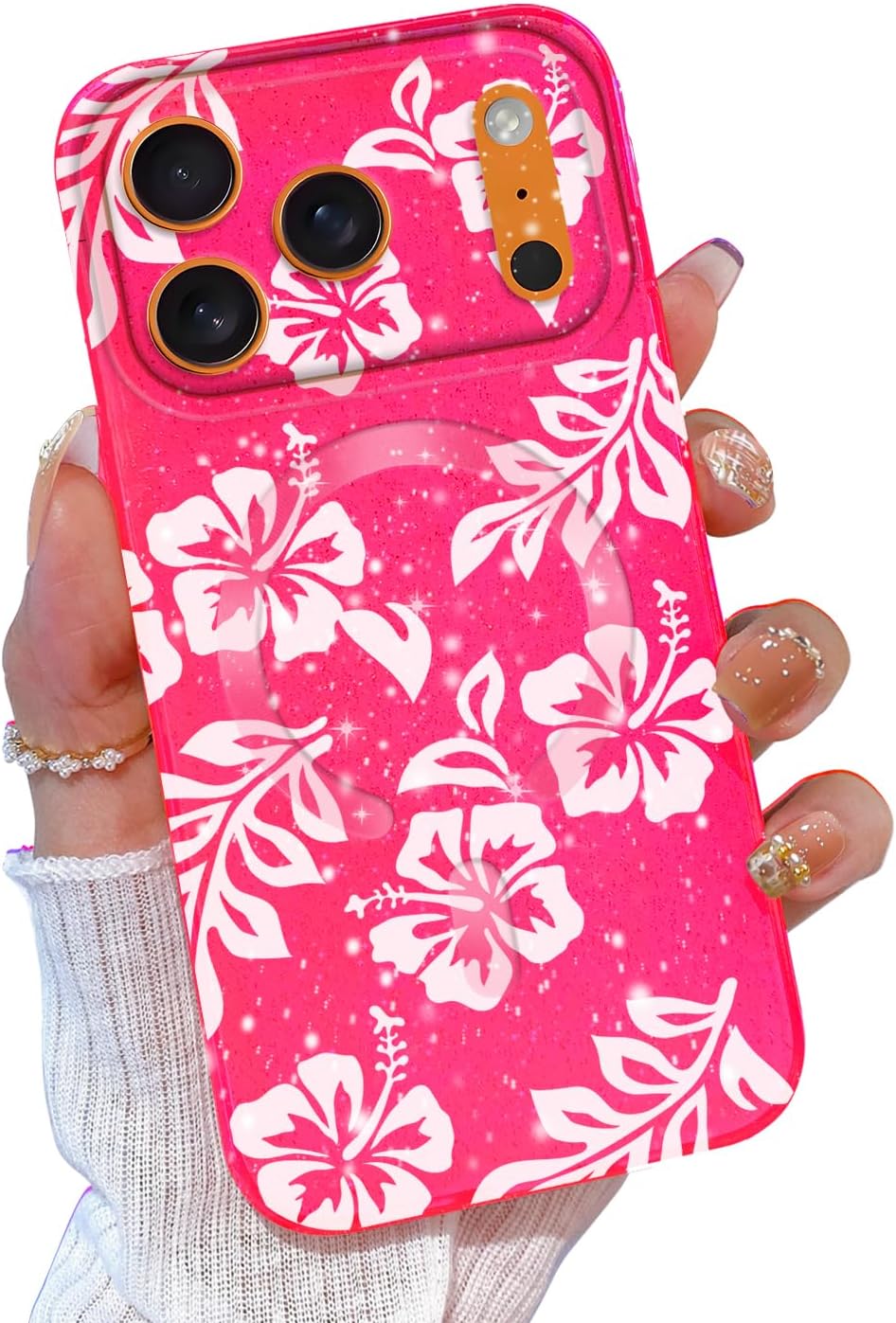 Compatible with iPhone 17 Pro Case Compatible with Magsafe, Glitter Pink Case with Cute Flower Floral for Girls Women Girly Bling Soft Magnetic Cover for 17 Pro, White Hibiscus