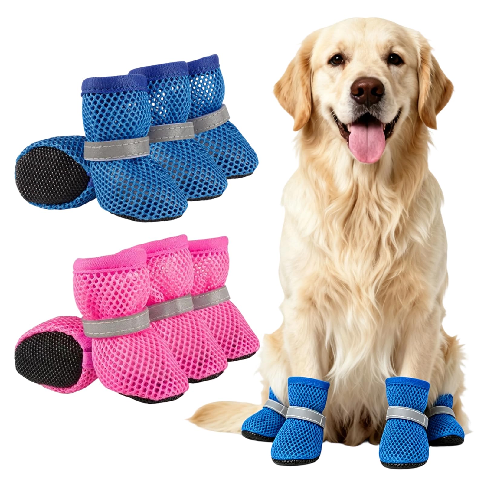 WSXQAZ 8 Pcs Dog Boots Paw Protector, Breathable Mesh Summer Dog Shoes, Dogs Paw Protectors with Adjustable Strap for Small Medium Large Dogs, L