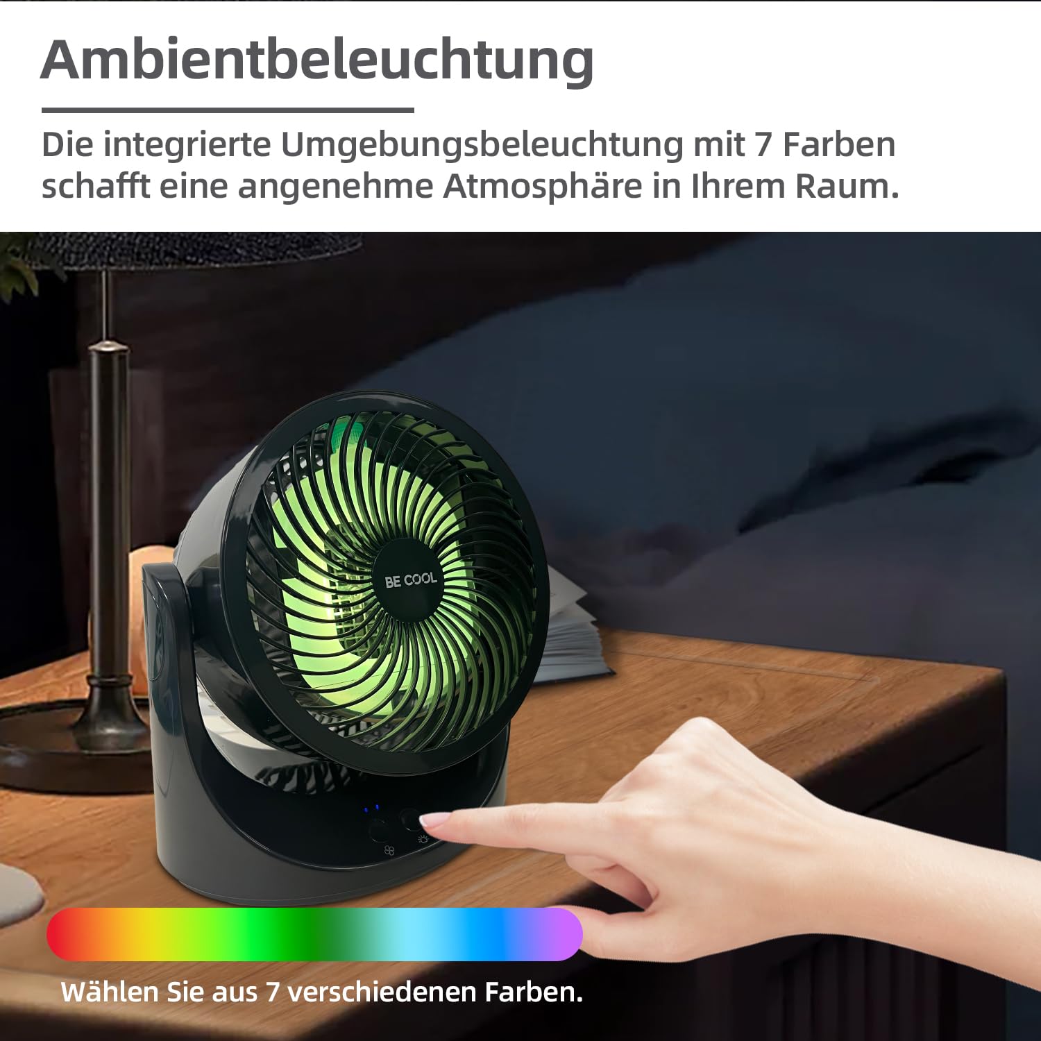 Be Cool USB-Windmaschine 15cm mit Kühlakku – Ø 6" / 15 cm, Kupfermotor, 10 Watt, Kühlakku im Lieferumfang, 7-farbige LED-Beleuchtung, USB Typ-C, schwarz