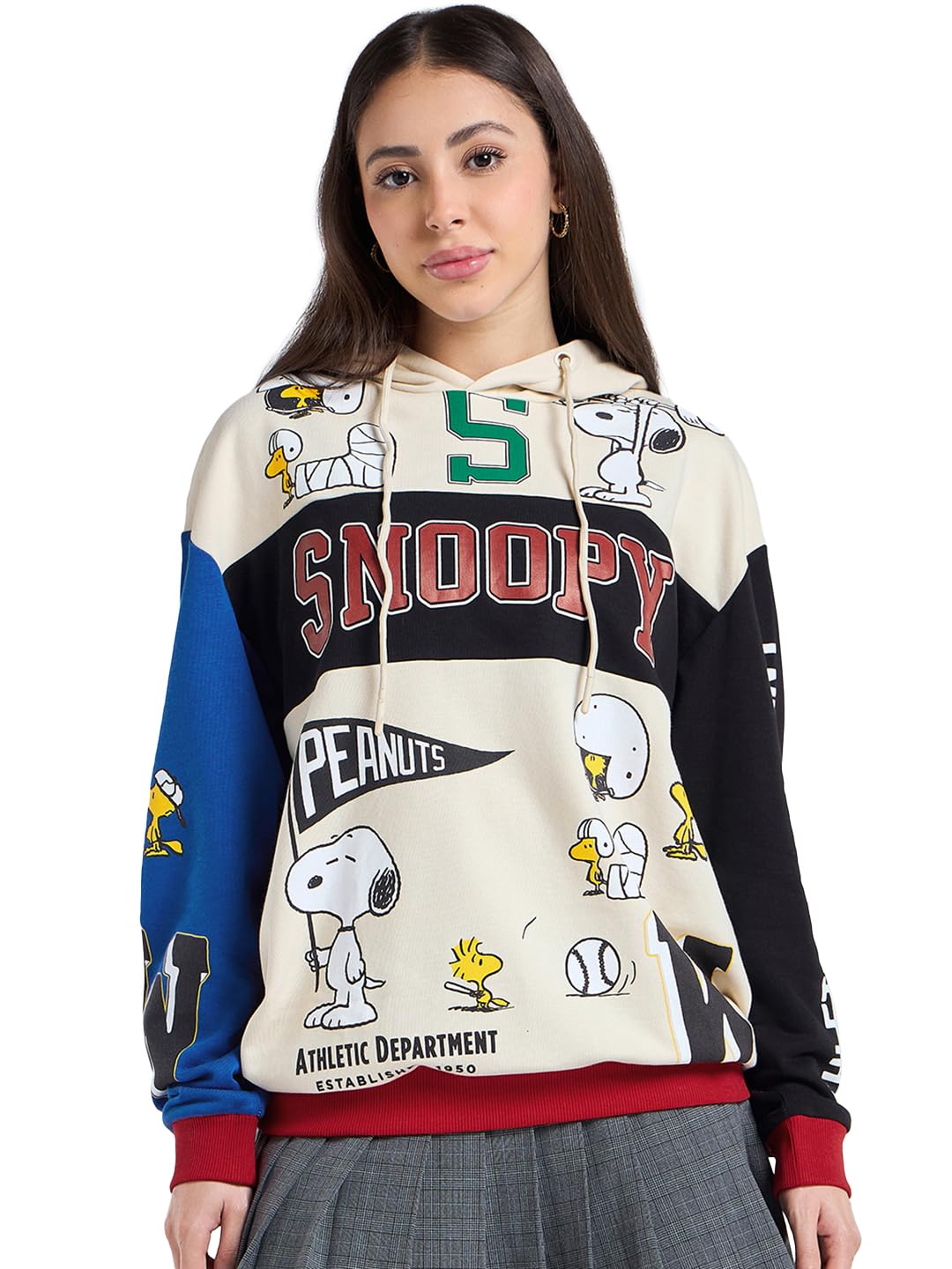 Bewakoof Felpa con cappuccio ufficiale Peanuts Merchandise Snoopy da donna con stampa grafica oversize a maniche lunghe in misto cotone