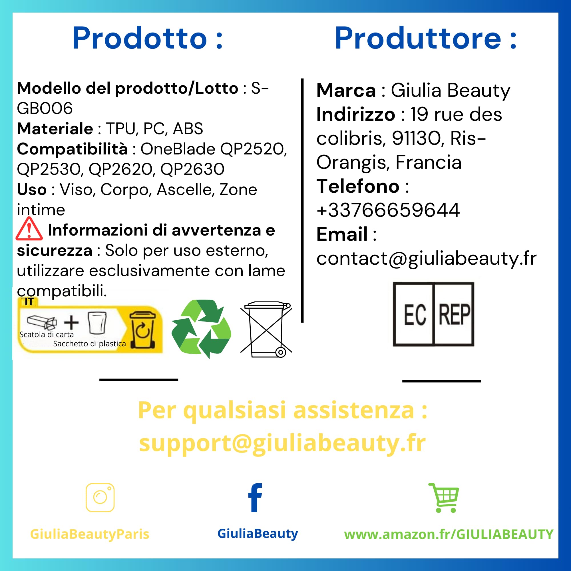 Zoccolo brevettato V2 compatibile con One Blade Visage+Corpo QP2520,QP2530,QP2620,QP2630,QP27xx,QP28xx, con protezione pelle, pettine corpo, spazzola - Euipo Patent : 015048382-0001