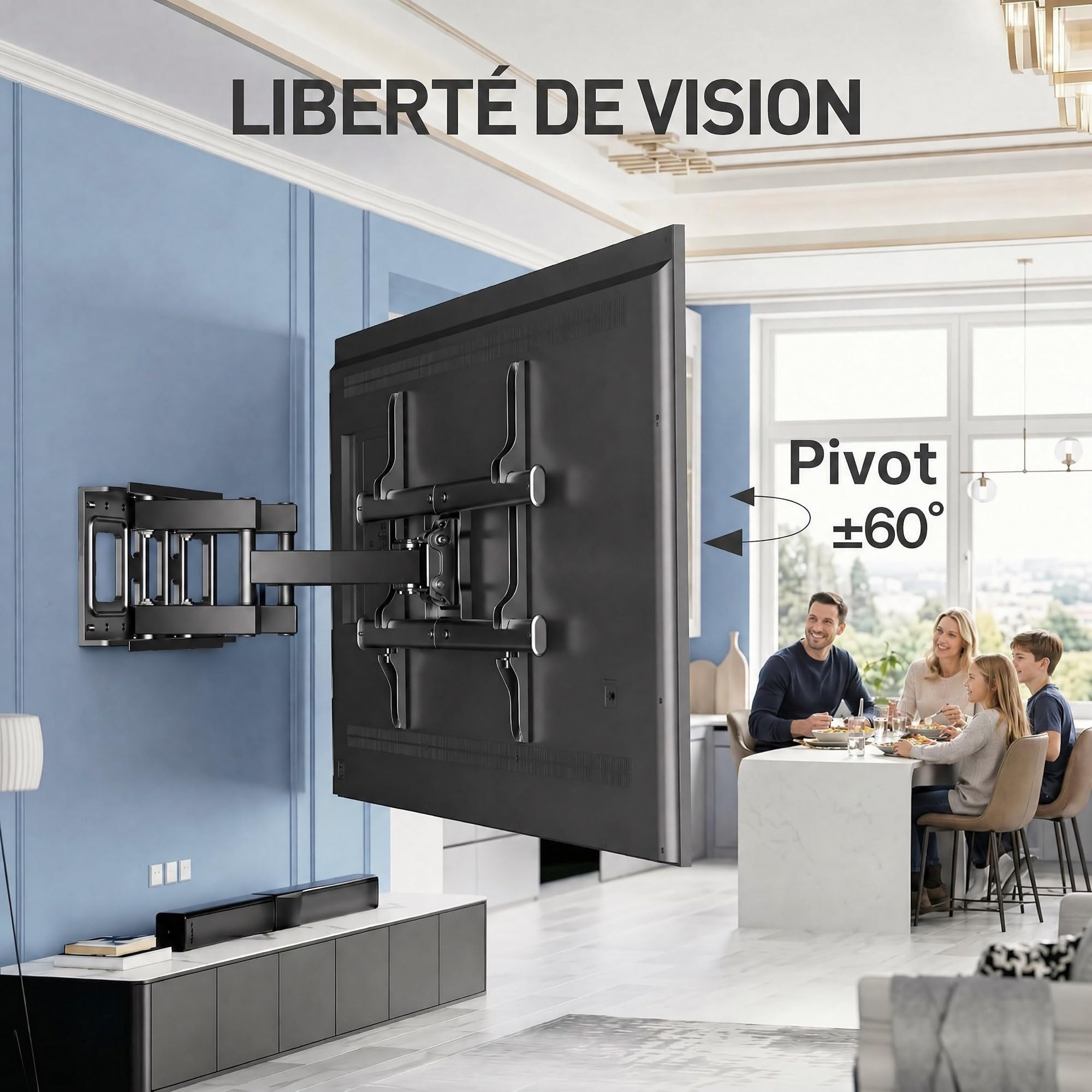 PERLESMITH Support Mural TV, pour 37-85 Pouces (94-216cm) TVs Jusqu'à 60kg | Double Bras Robuste, Fixation TV Mural Orientable et Inclinable 55 65 Pouces, Max VESA 600x400mm