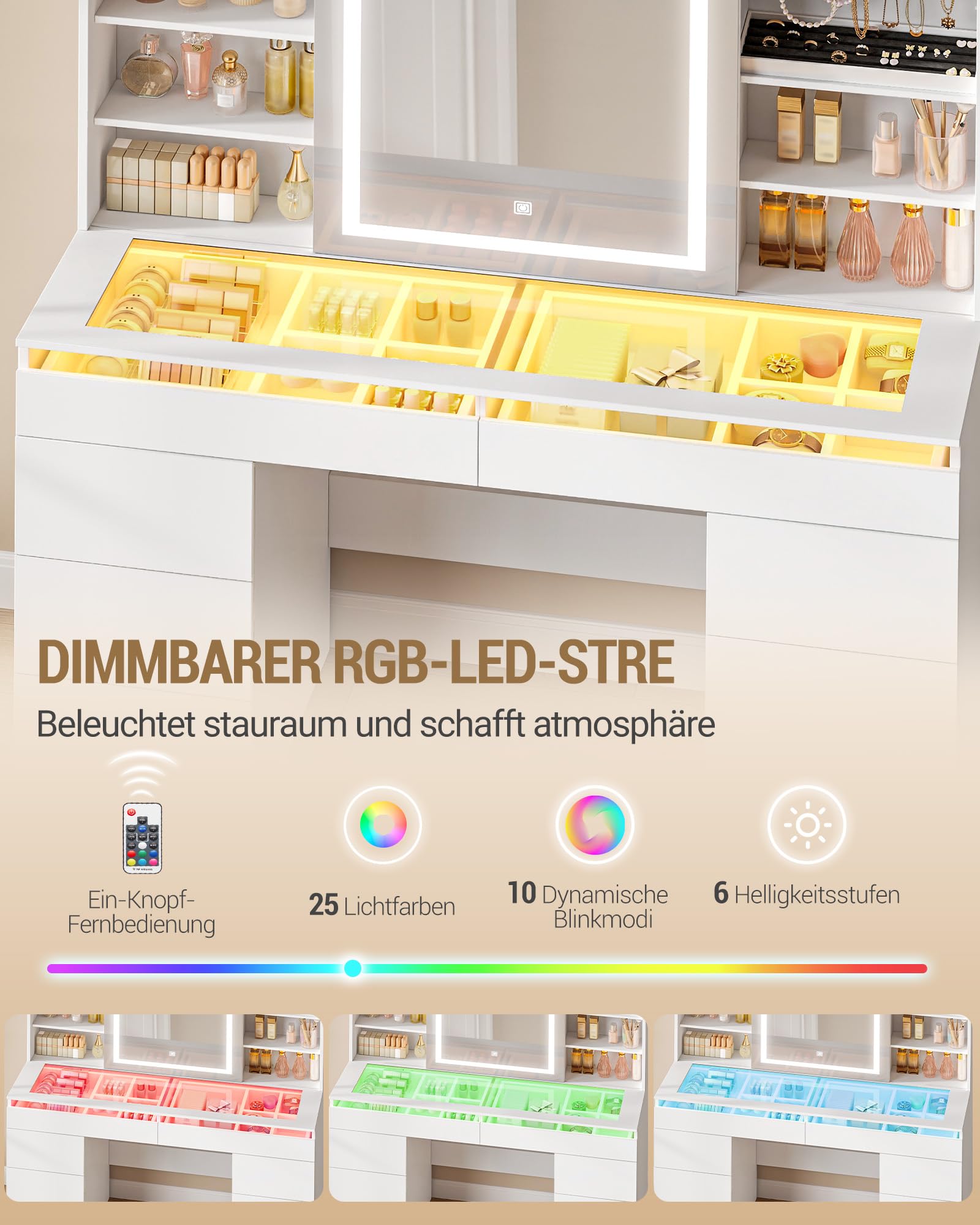 Hzuaneri Große Schminktisch, Schminktisch mit Verstellbaren RGB-Beleuchtung und Glasplatte, Schminktische mit Große Spiegel, 8 Schubladen und 9 Offenen Fächern, Schlafzimmer, Weiß, 1180203XEU