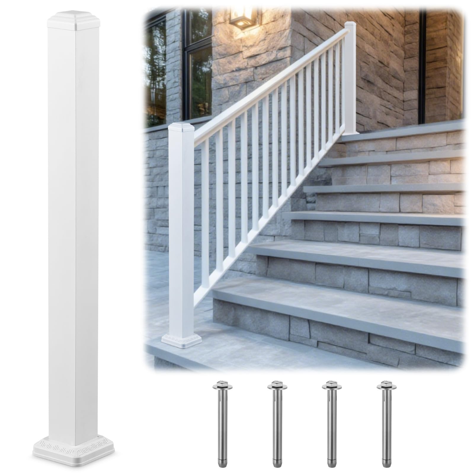 aluminum railing deck post kit 3" x 3" x 39" include 1 pcs porch deck railing fence post handrail 4 pcs expansion screws made with heavy duty powder coated, rust-proof, fit 36" height(white)