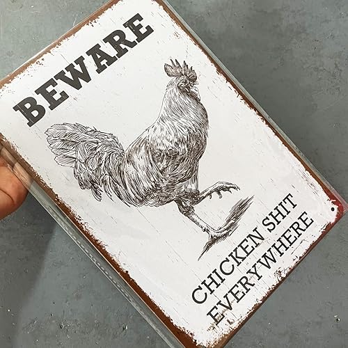 Miniatura 3 de Divertido letrero de hojalata con diseño de gallo con texto en inglés "Beware Chicken Shit Everywhere" - Panel de pared para interiores y