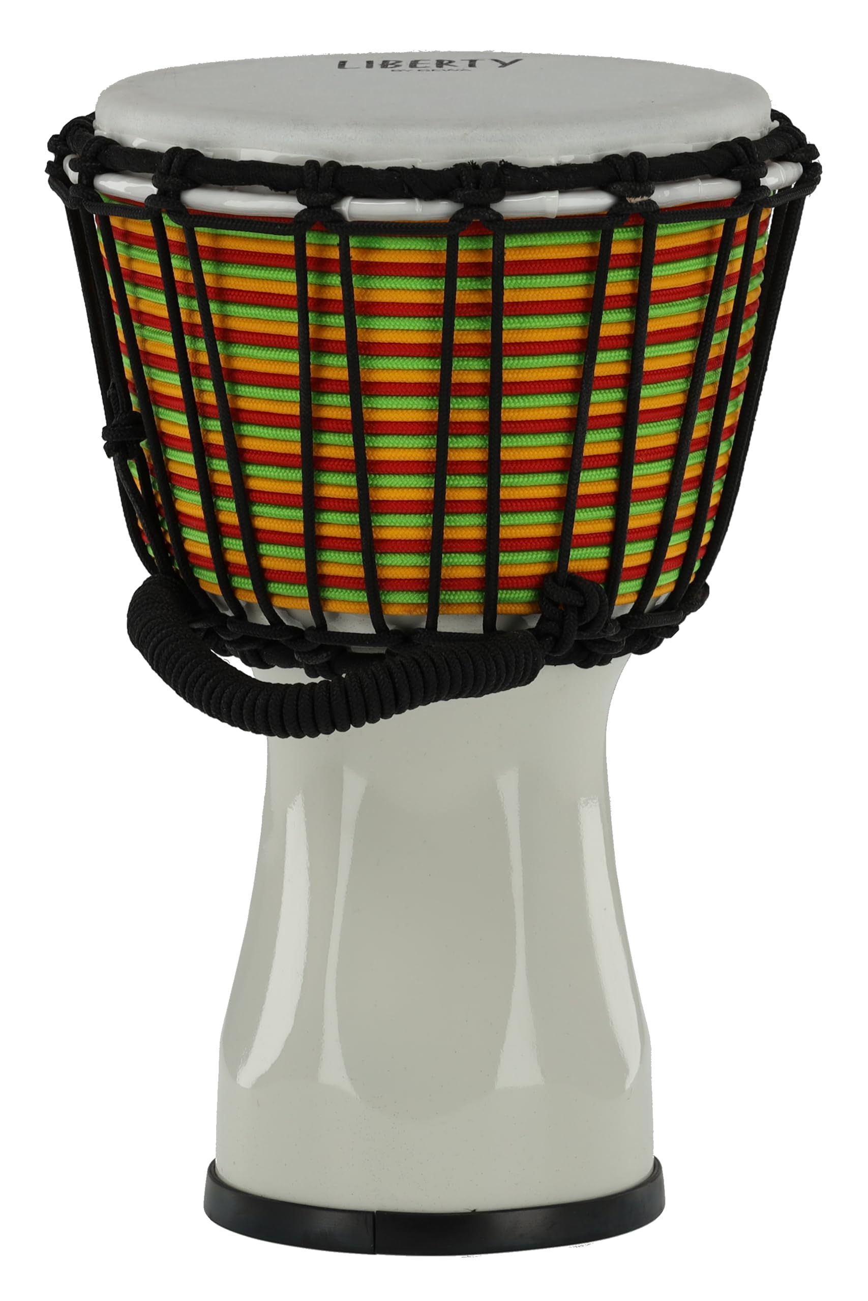 GEWA Liberty Djembé Système d'accord: par corde - Diamètre : 7" (17,8 cm) - Hauteur : 12,5" (31,5 cm) - Nombre de cordes : 14 - Couleur : Blanc