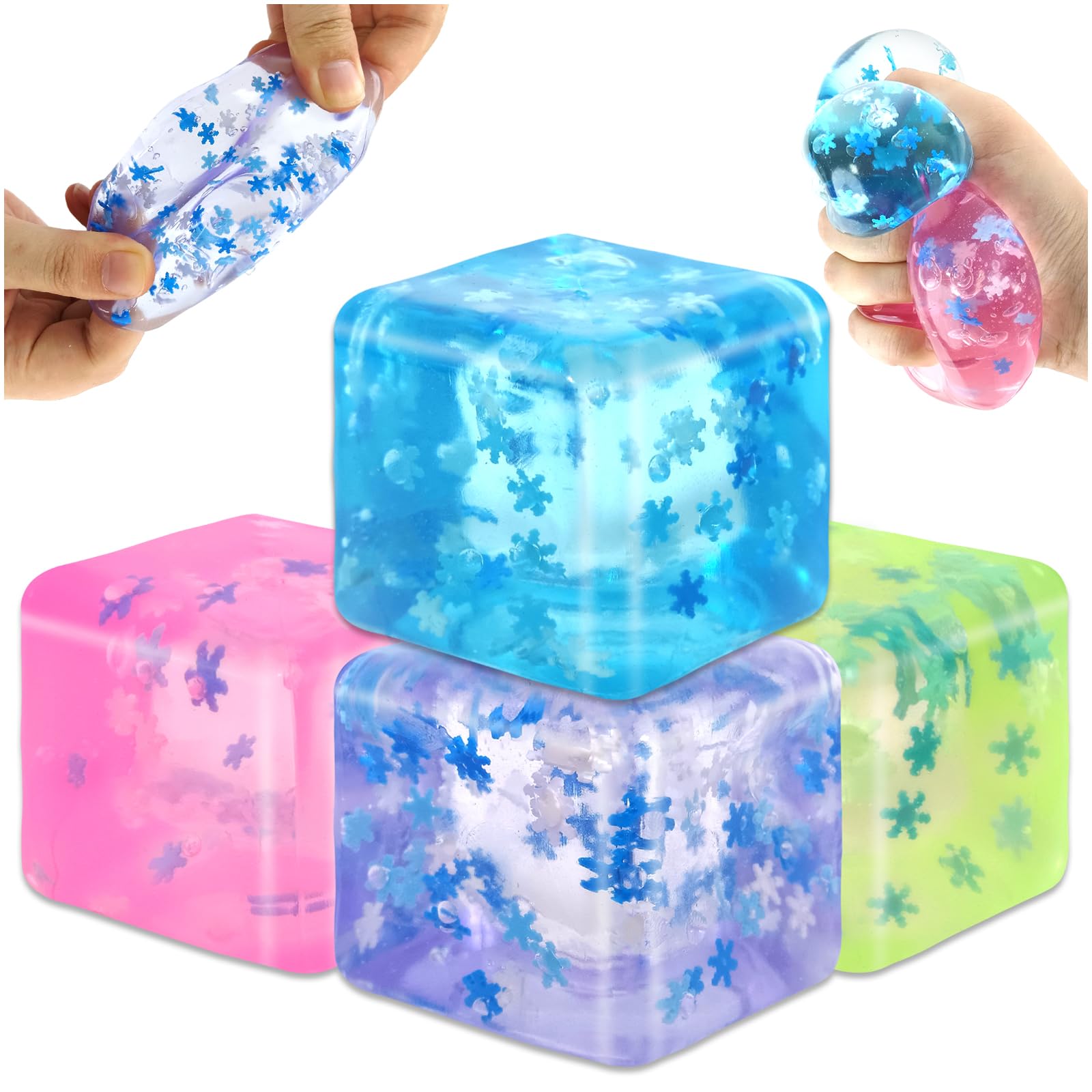 Audasi 4 Pcs Ice Cube Stress Ball, Stress Balls Ice Cube with Snowflakes Fidget Toys Squishy Stress Cube High Density Malt Sugar Filled Autism Fidget Balls Sensory Anxiety Relief Item for Kids Adults