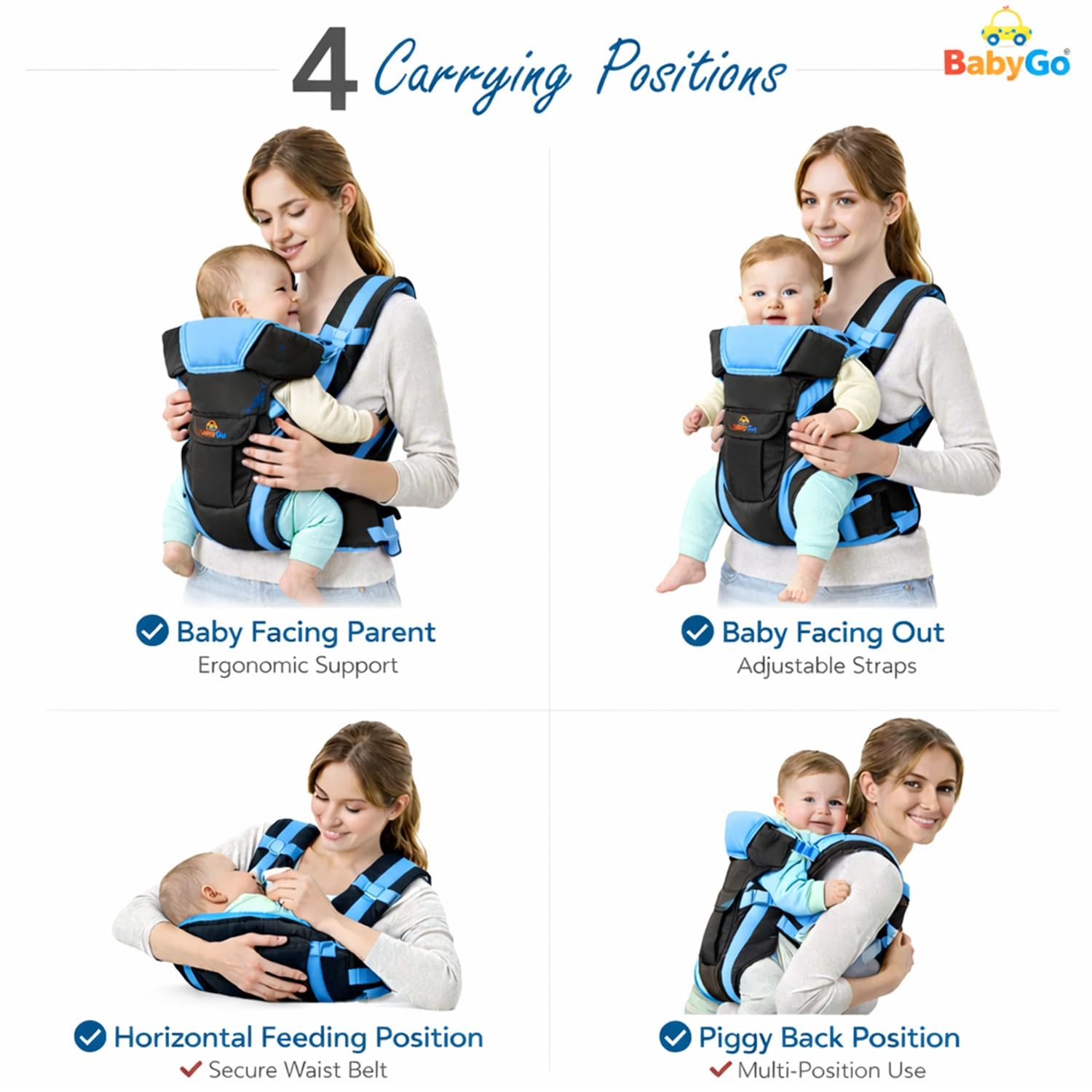 BabyGo Kid Seat Baby Hip Carrier 4-in-1 Adjustable Baby Carrier Cum Kangaroo Bag|for 6 to 24 Months Baby|Newborn to Toddler Carrier|Safety Belt & Buckle Straps|Up to 15 Kgs (Black & Blue) 2