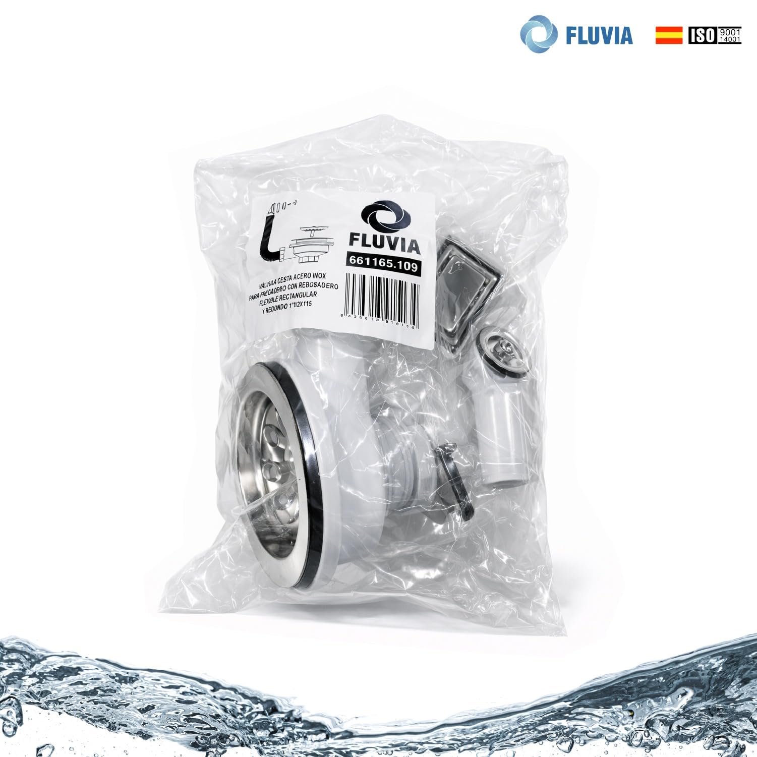 Válvula de Desagüe para Fregadero de Cocina 115 mm con Rebosadero Cuadrado o Circular – Evita Atascos y Fugas, Cesta Filtrante y Tubo Ajustable – Instalación Fácil para Reformas | FLUVIA