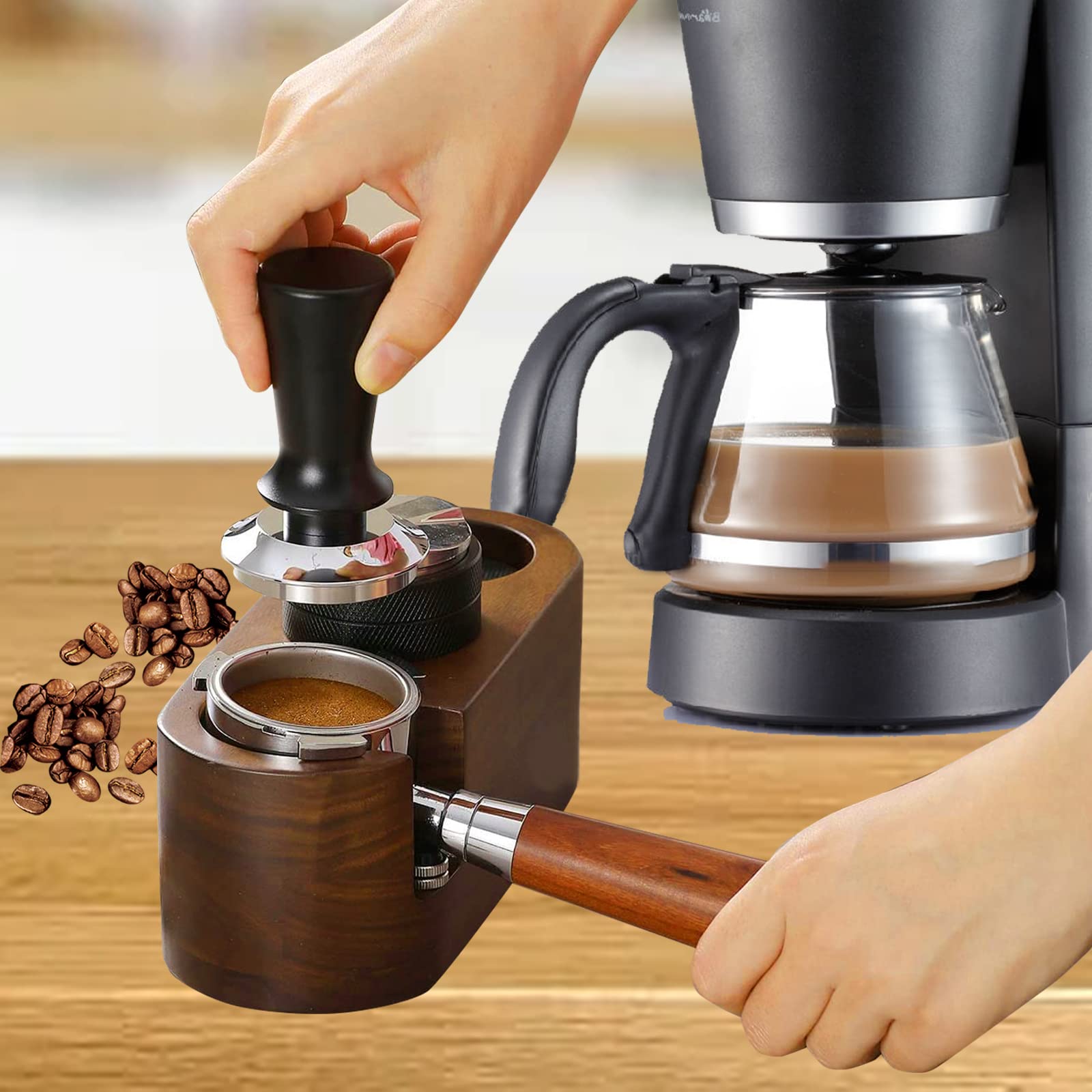 Tamperstation,Kaffee-Stampfstation Holz,Kaffeefilter Tamper Halter Portafilter Mat Stand für 51-54mm,3 Löcher Rutschfeste Kaffeestampfmatte Verteiler,Tamper Station für Kaffeemaschine,Barista Zubehör