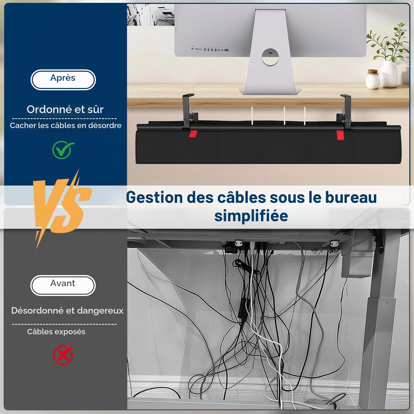 Fentar Range Cable Bureau 90cm, Rangement Cable Management Bureau Sans Perçage, Support Multiprise Sous Bureau en Tissu Oxford Solide, Chemin de Câble avec Attache Adhésif pour Maison Gaming PC Gamer