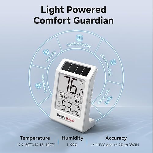 Miniatura 6 de BaldrTherm Termómetro para interiores, medidor de humedad, paquete de 2 termómetros de habitación con energía solar, sensor de temperatura digital