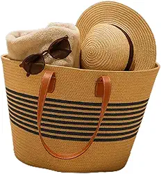 Bolsa de Praia em Palha Listras Pretas Alças em Couro Marrom Design Casual de Verão Grande