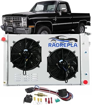 CU716 3 Row Aluminum Radiator for 1973-1991 Chevy GMC C10 C20 C30 C1500 C2500 K10 K20 K30 Pickup Blazer Jimmy V8 Radiators Shroud 2 x 12" Fans Relay Kit 79 80 81 82 83 84 85 86 87 88 89 90 91