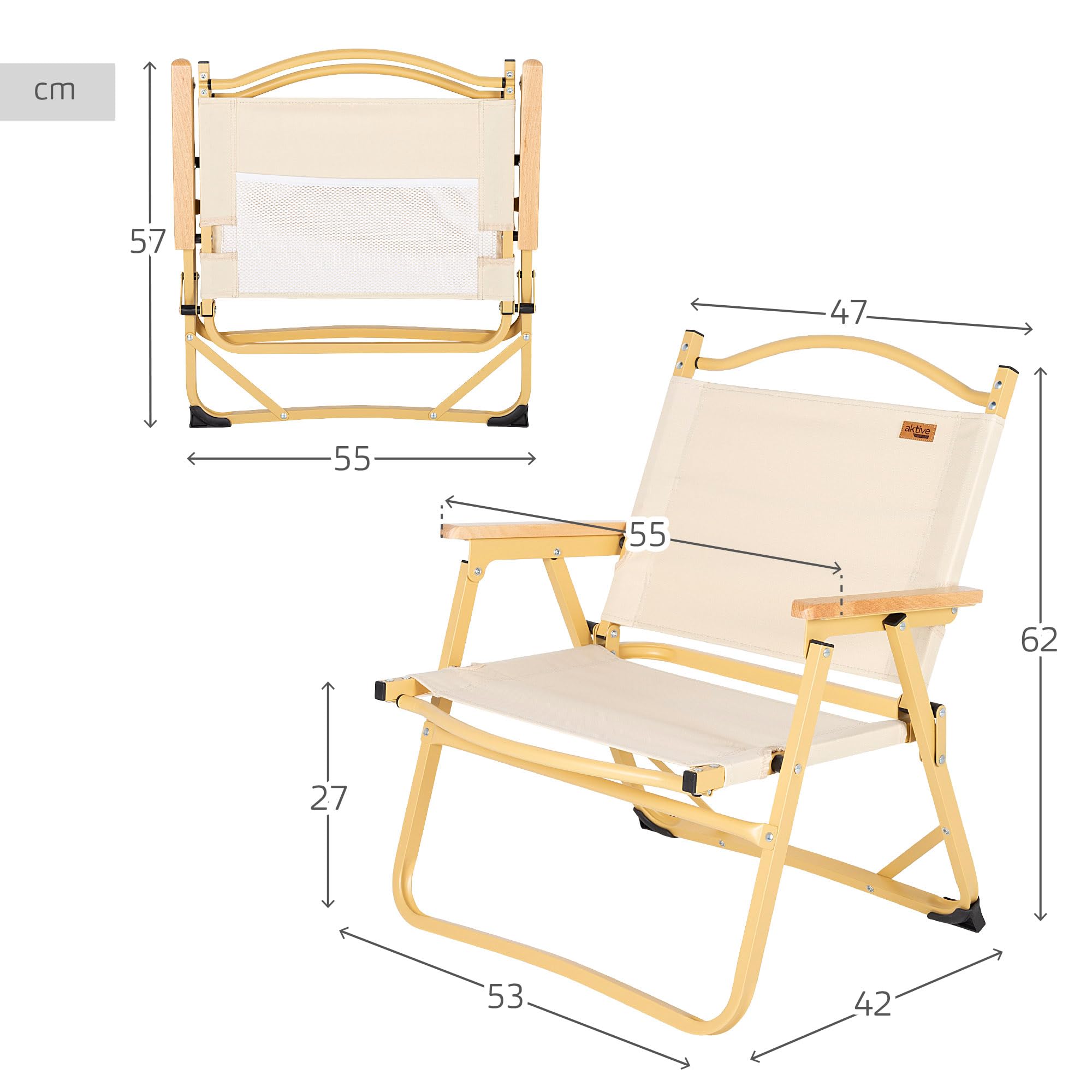 AKTIVE 63021 składane krzesło kempingowe typu Glamping sawanna, materiał: poliester i aluminium, wytrzymałe, maksymalne obciążenie 110 kg, wymiary 55 x 52 x 62 cm