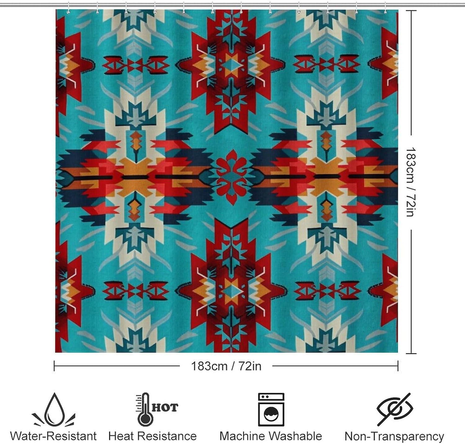 Geometric Tribal 4 PCS Bathroom Set with Shower Curtain Rugs, Ultra Soft Coral Fleece Bath Mat, U-Shaped Rug, Toilet Lid Cover, 72" X 72"