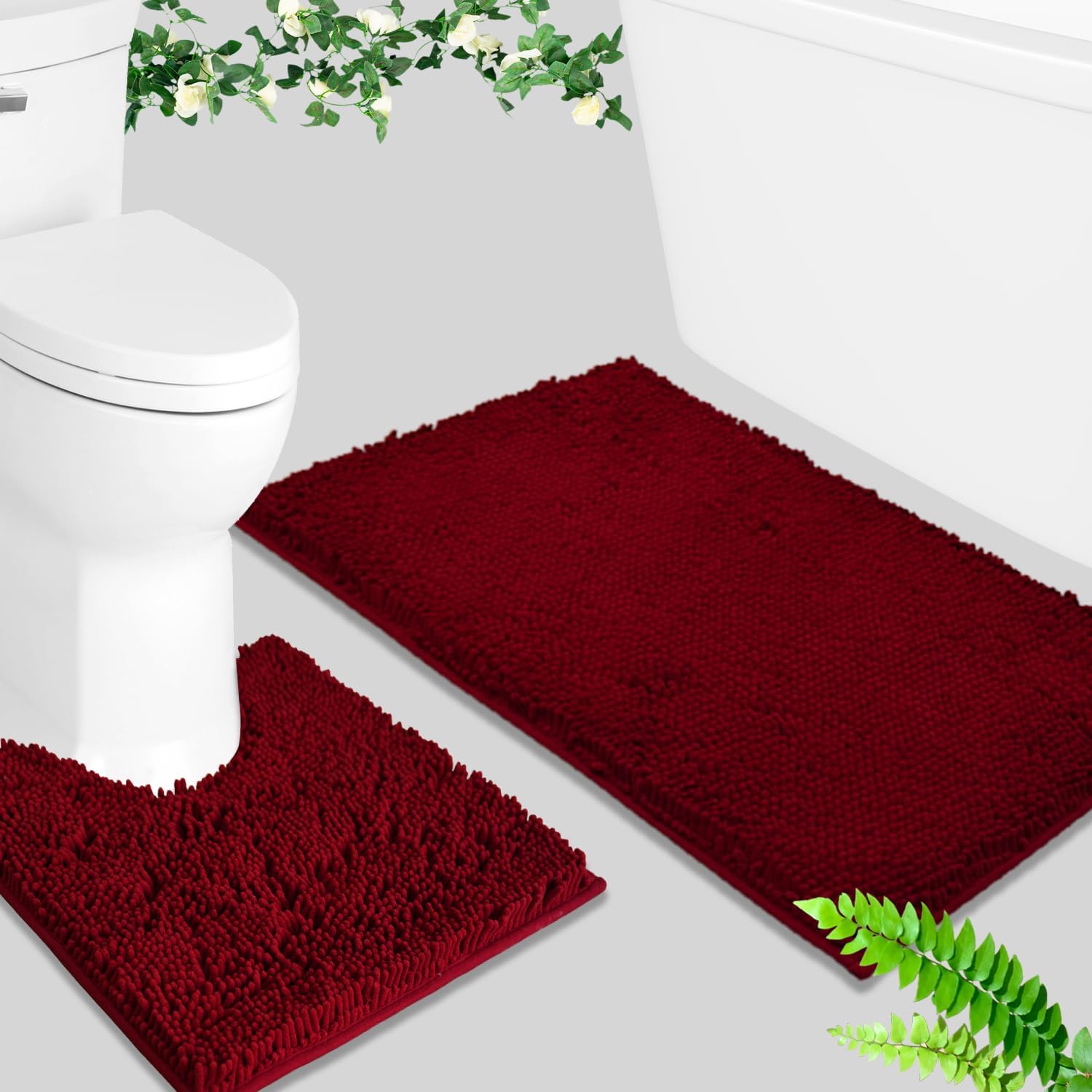 BOANKODU Bath Mat Set, 2 Piece - Soft Chenille, Non-Slip, 32x20 Inch + 20x20 Inch U Shape, Machine Washable (Burgundy) - Image 2