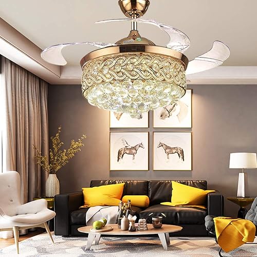 Miniatura 2 de Ventilador de techo de cristal de 42 pulgadas con luz y control remoto, ventiladores de techo retráctiles invisibles para iluminación con 3 niveles
